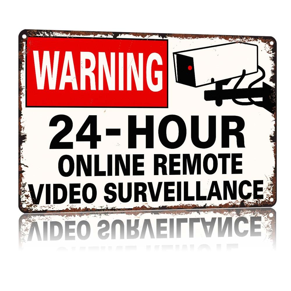 peiyeety WARNING 24-Hour Online Remote Video Surveillance, Vintage 12X8 Inch Aluminum Metal Sign, Retro Distressed Security Notice Wall Decor for Outdoor Fence Garage Yard Garden Entrance