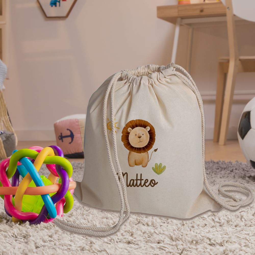 Sacchetto Porta Corredino Bebè Zaino A Sacca In Cotone 130gr Personalizzato con Nome e Animali Foresta Leone Idea Regalo