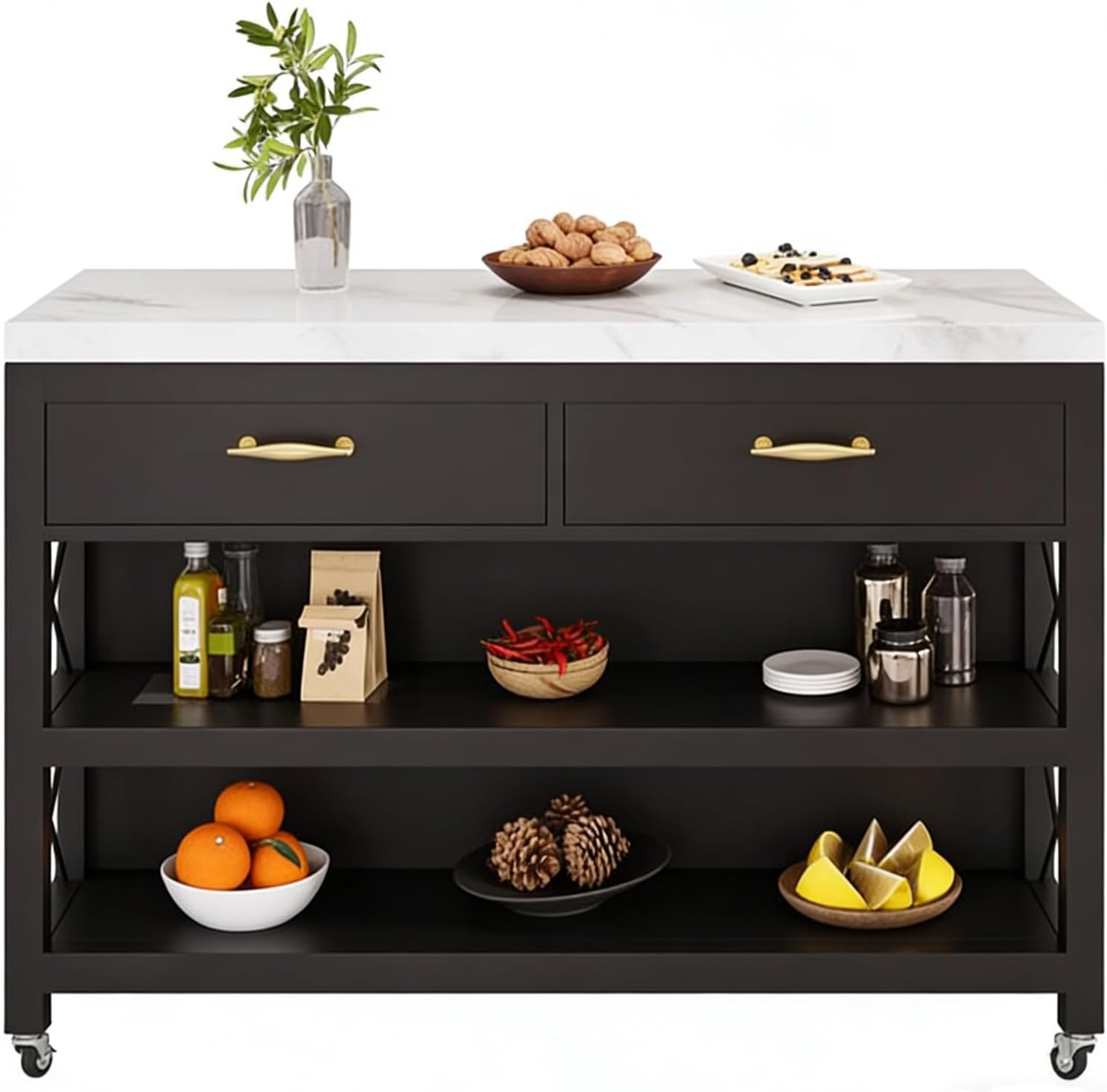 Storage Trolley Rolling Kitchen Island Cart with Marble Top Metal Frame Storage Drawers & Shelves Shelving Organizer(Large)