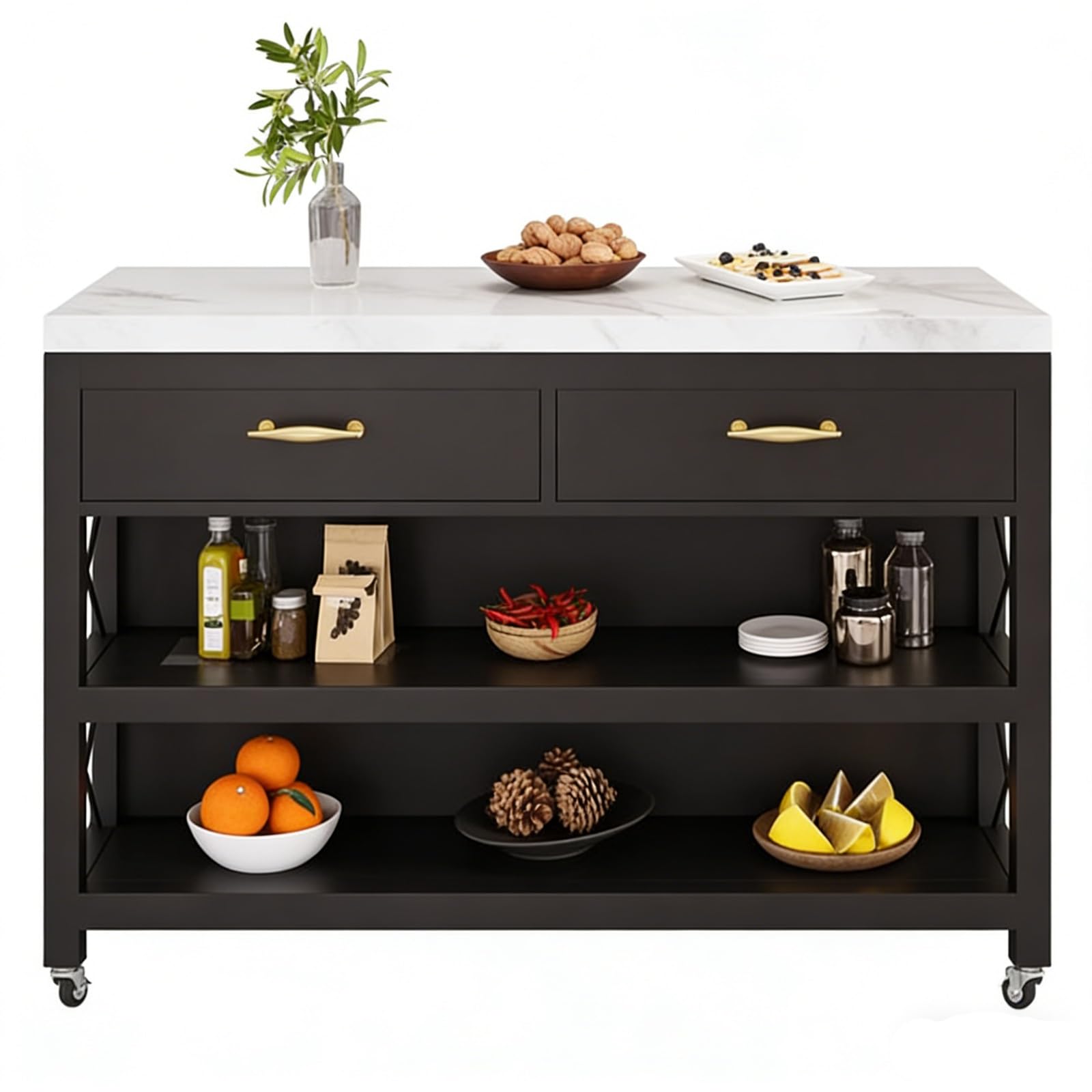 Zf9tBw5sH Unità cucina ad isola Carrello for isola da cucina con rotelle, cassetti e ripiani portaoggetti struttura in metallo piano in marmo