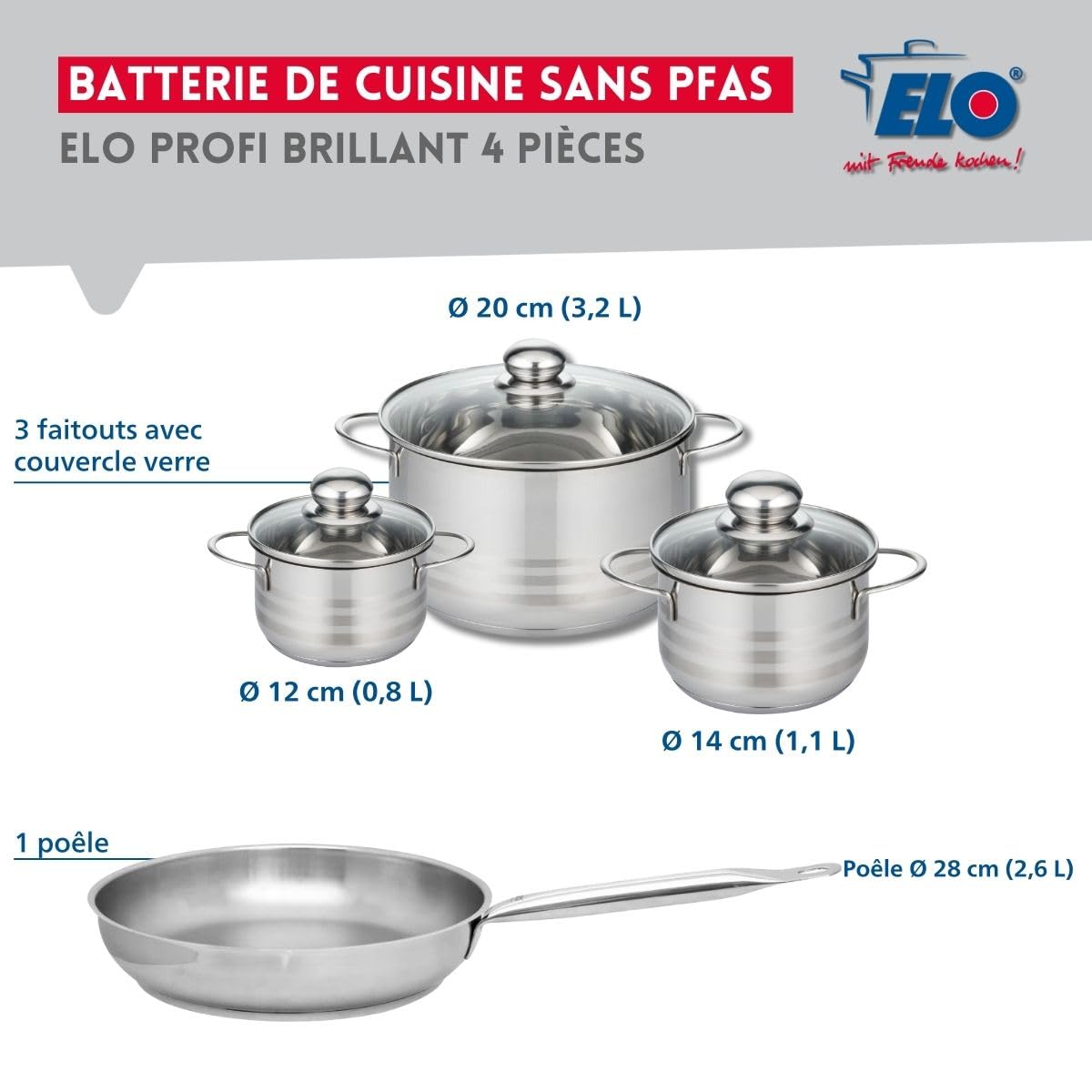 Elo Batterie cuisine poêle 28 cm et 3 faitouts 12/14/20 cm | Lot complet pour équiper la cuisson, 1 poêle 28 cm et 3 faitouts, Inox robuste, Induction et four, Entretien simplifié