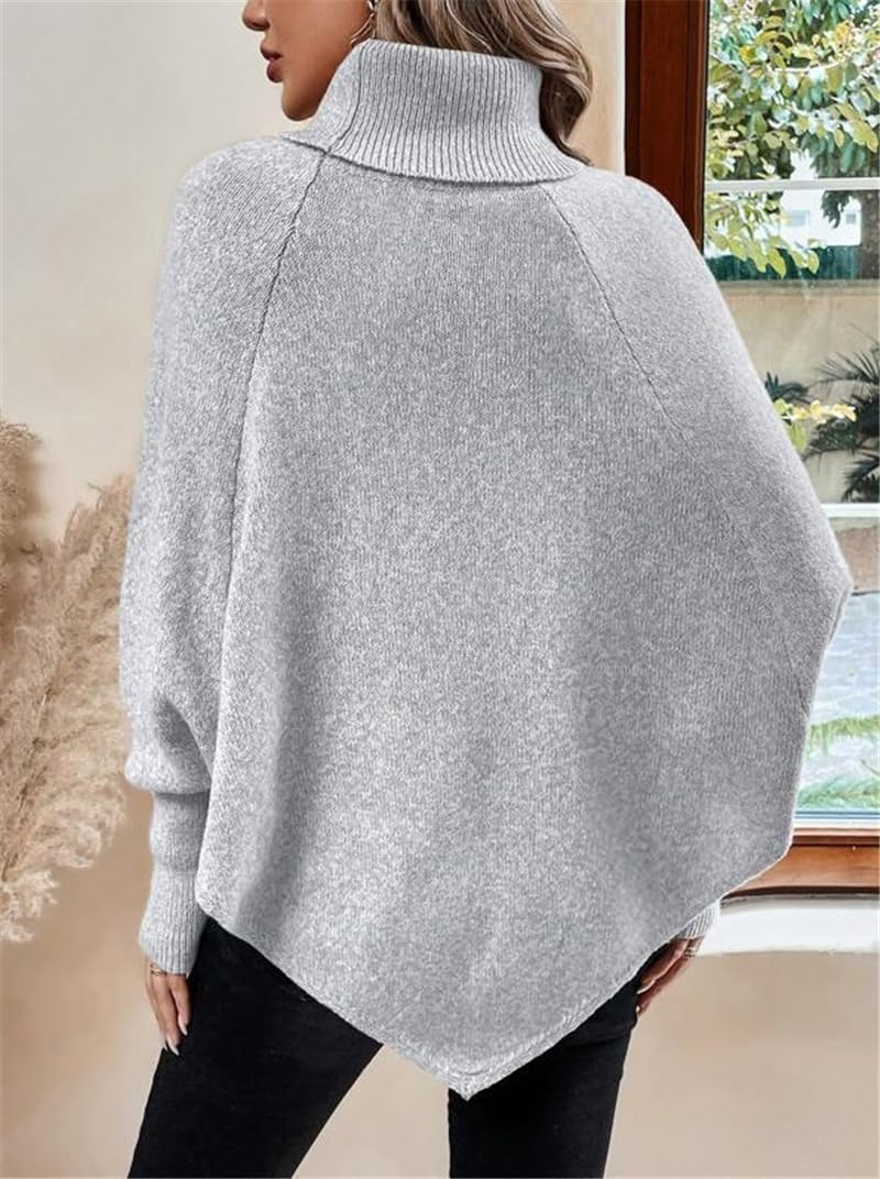 Poncho De Mujer Suéter Tipo Poncho De Punto Para Mujer Con Patrón De Cable Cuello Vuelto Plegado Botones Jersey Holgado Con Mangas De Murciélago Chal Suéteres Prendas De Punto Cálida