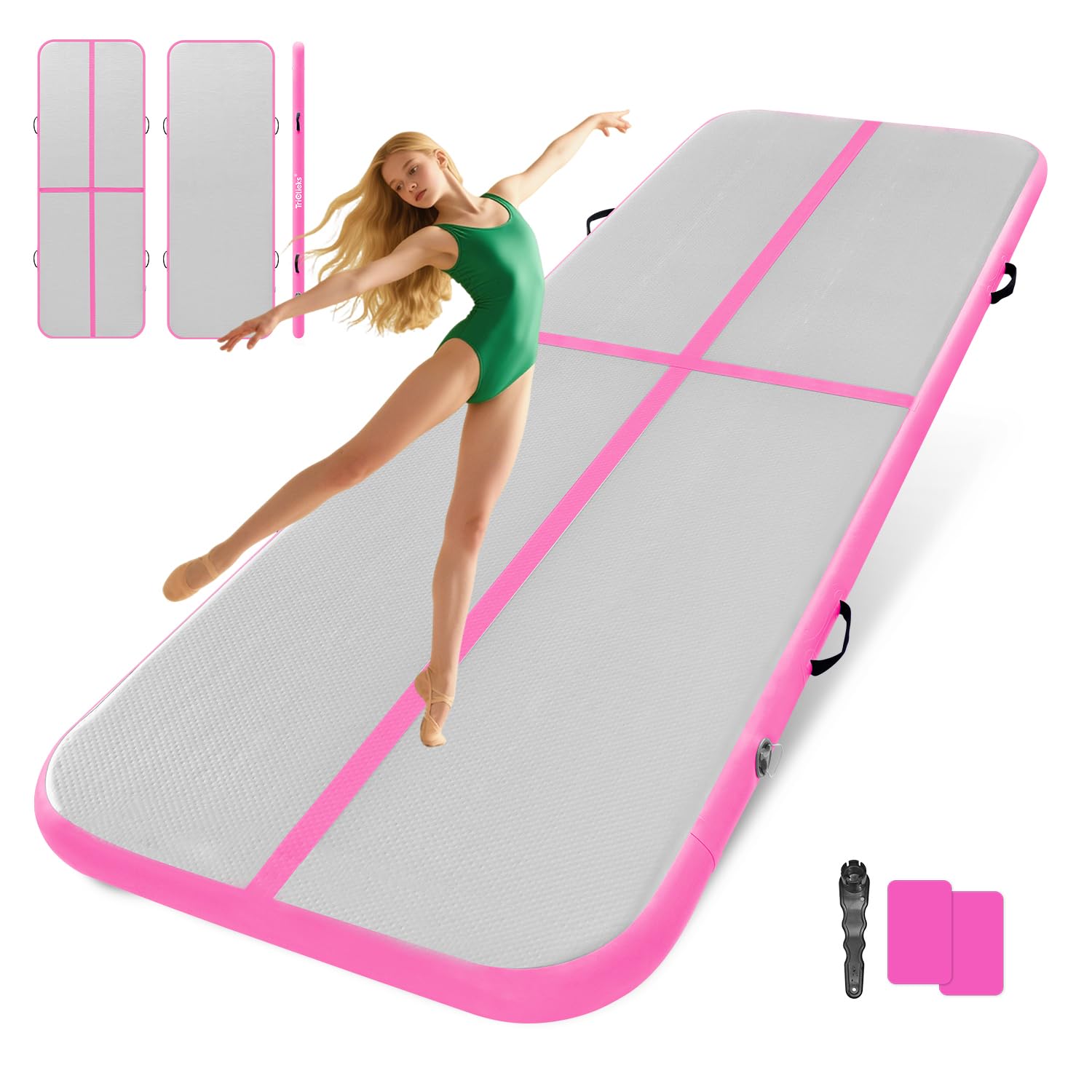 2.5M/3M/4M Inflatable Gymnastics Tumbling Mat 10cm Thickness Air Floor Mat Tumble Track for Home Use/Training/Yoga/Water Fun/Pilates (Pink (no pump), 2.5m)