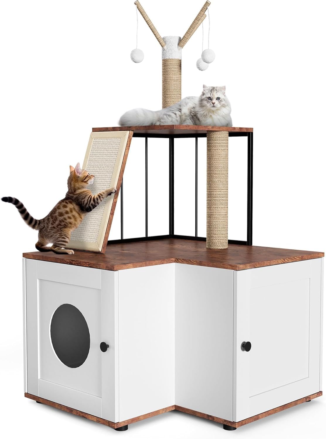 Katzentoilette mit Aufbewahrungsschrank, verstecktes Katzenstreumöbel mit Kratzbrett, Kratzbrett und Spielbälle, großer Kratzbaum mit Katzenstreuschrank, Möbel aus Holz