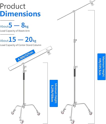 Miniatura 6 de NEEWER Soporte de luz Pro 100% metal C con ruedas, altura máxima 10.8 pies/129.9 in soporte reflector ajustable con brazo de pluma de 4 pies/47.2 in