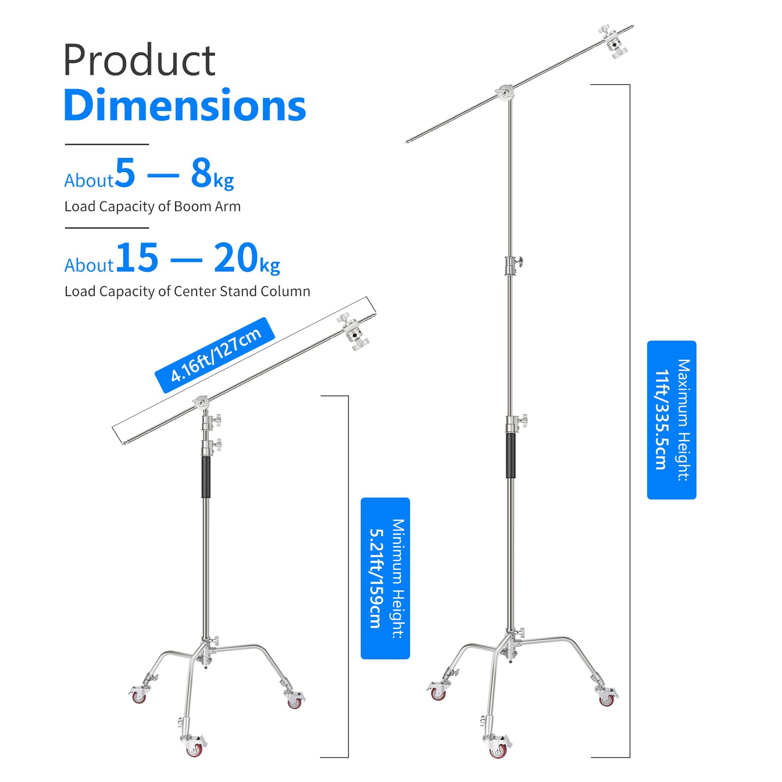 NEEWER C Stand Stativo Luce con Ruote in Metallo 100% Pro, Altezza Max 330cm Supporto Riflettore Regolabile con Braccio Boom da 120cm e 3 Ruote per Riflettore Video Studio Fotografico, Monoluce, ecc.