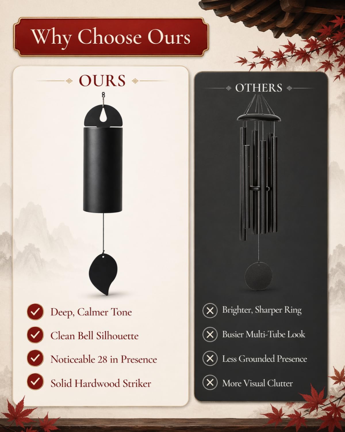 Wind Chimes for Outside Deep Tone Resonance Serenity Bells Large Outdoor Copper Steel Wood Metal Low Windchimes Tubes Rain Bamboo 528 Hz Hanging Brass Extra River Big Japanese Garden (Deep)