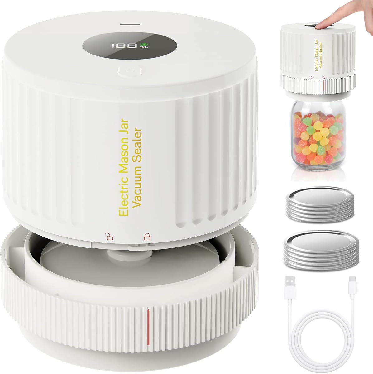 Kit de sellador al vacío eléctrico para tarros de masón - Blanco | para tarro de boca ancha y boca regular
