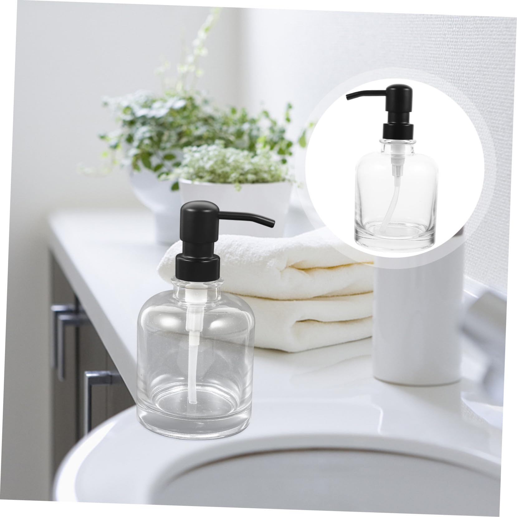 Dispensador de Champú de Vidrio con Bomba, 2 Botellas de 12 Oz | Bomba de Acero Inoxidable, Reutilizable y Portátil, para Baño y Oficina, Diseño Simple