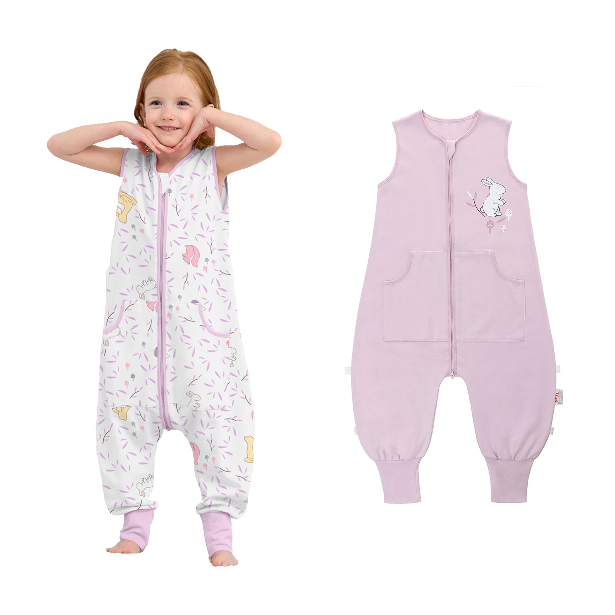 LAT Baby Schlafsack mit Füßen 2er Pack, Baby Sommerschlafsack mit Füßen, 0.5 TOG Kinder Schlafsack mit Beinen, 100% Baumwolle Kinder Sommerschlafsack mit Taschen für Jungen Mädchen(Kaninchen+Weiß, XL)