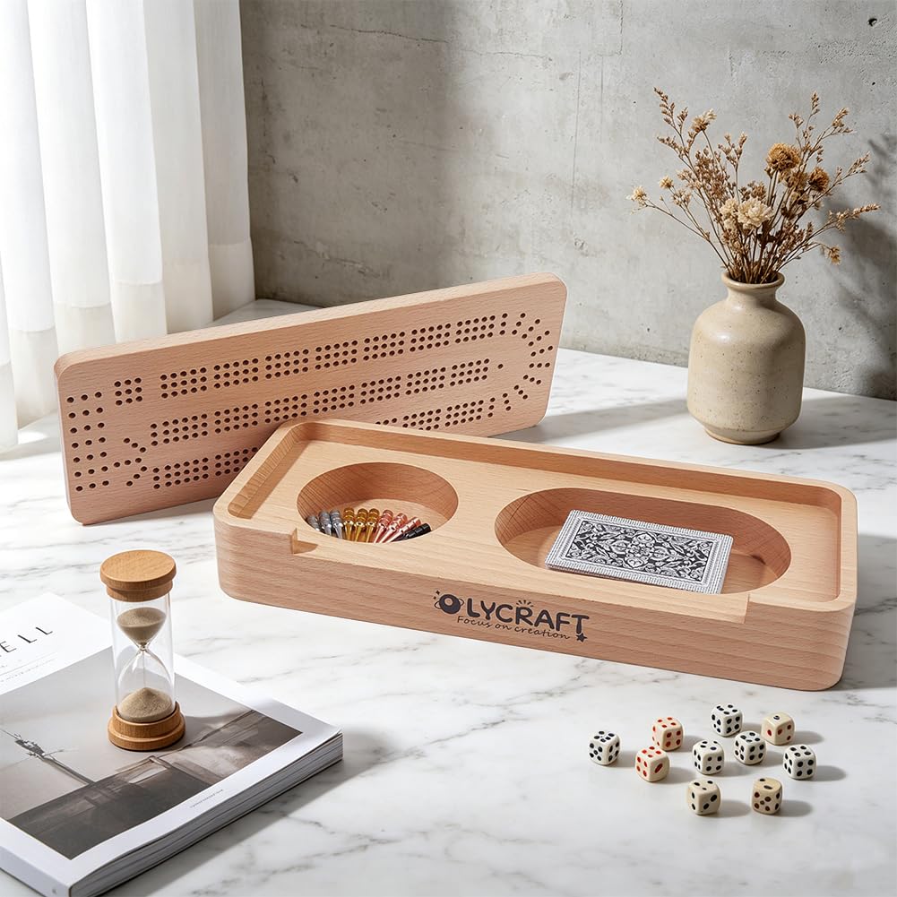 OLYCRAFT Set Da Gioco Cribbage Scatola con Tabellone In Legno di Faggio Scatola con Tabellone e 3 pista per Viaggi e Serate In Famiglia Set Portatile con 2 scomparti per Riporre I Pezzi per I Viaggi