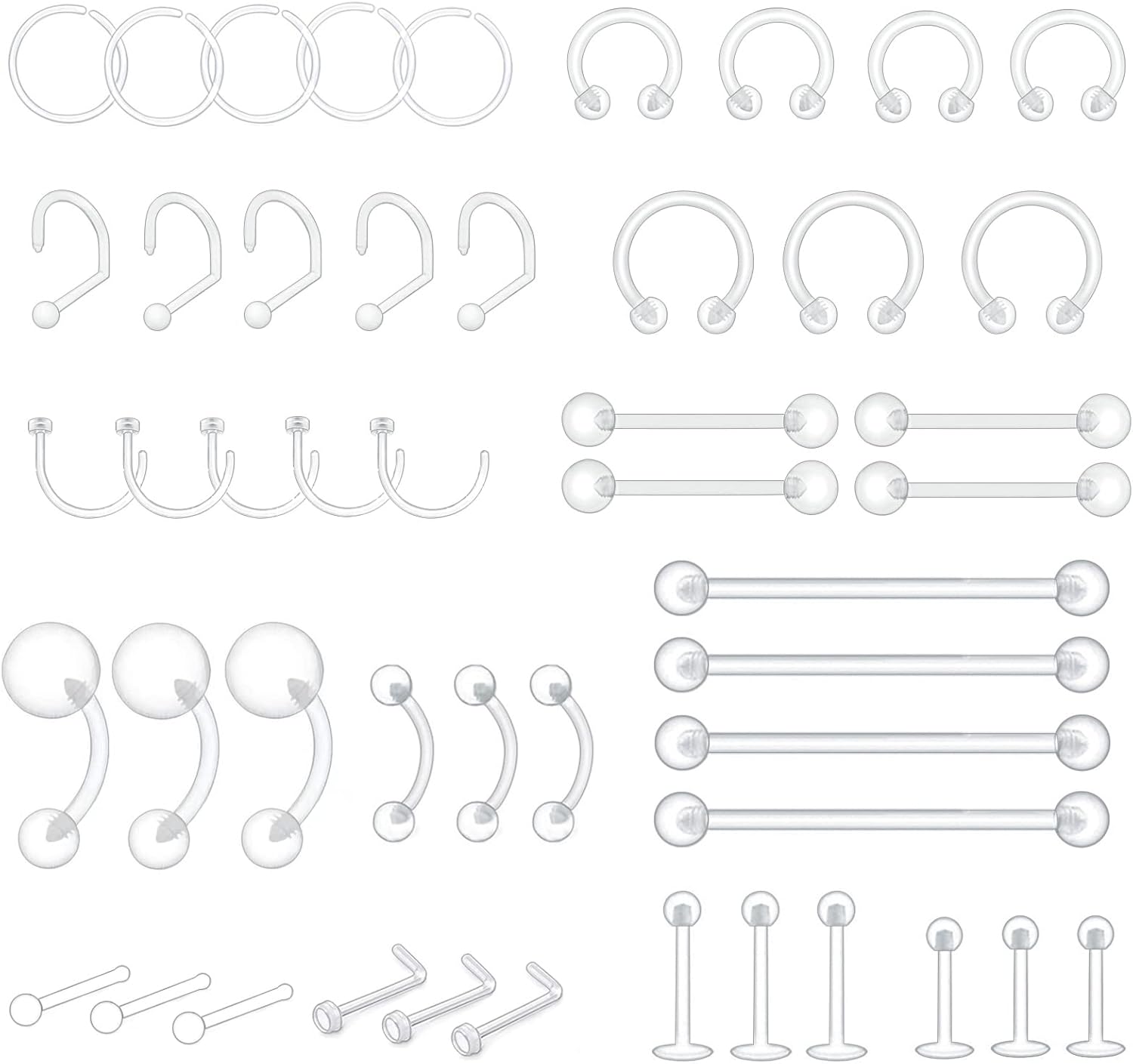 ZUYASSNEI 48pcs Clear Piercing Retainers Bioflex Nose