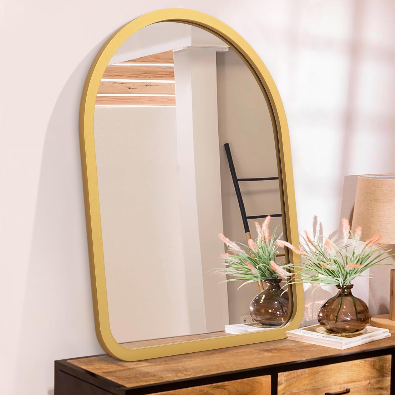 Large Mirrors for Wall Rustic Wooden Frame Arched Vintage Vanity Wall Mirror for Bedroom Bathroom Living Room Farmhouse Entryway Decor New Home Gold 26" x 18"