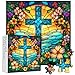 Cross Stained Glass Puzzles for Adults 1000 Pieces and up, PICKFORU Christian Puzzles with Colorful Flower, Religious Puzzle as Home Decor