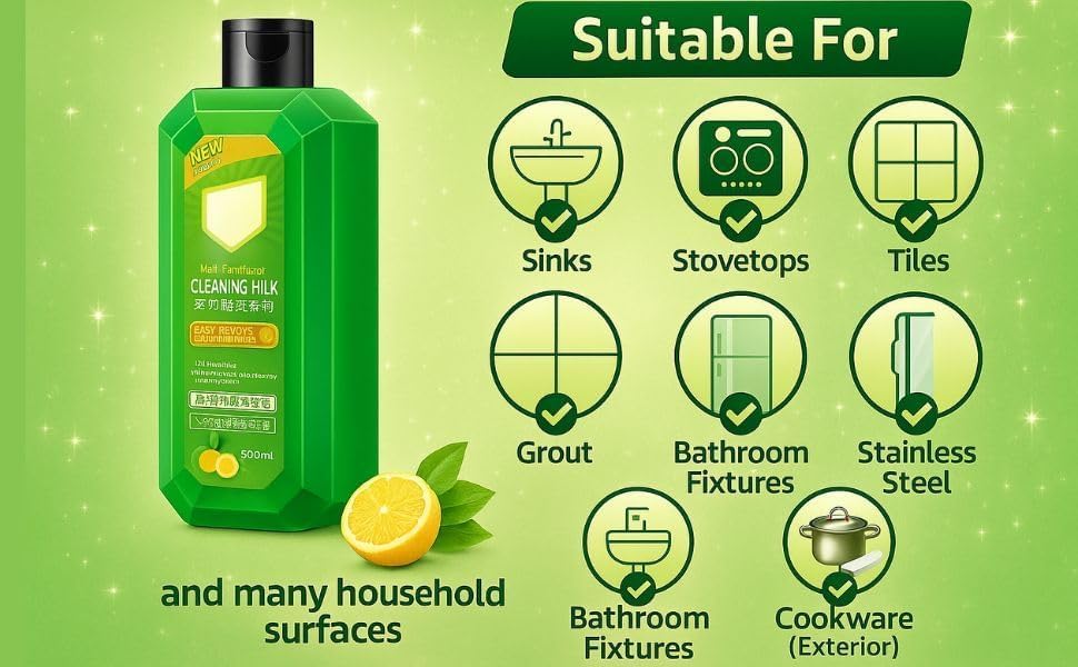 Image of Multi-Functional Cleaning Milk, All Purpose Natural Liquid Cleaner, Powerful Stain and Grease Remover for Kitchen, Bathroom, Tiles, Glass and Steel, 200ml (1)