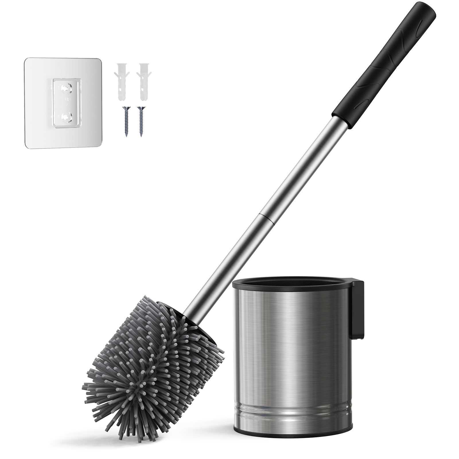 HAMITOR Klobürste Silikon Edelstahl - Toilettenbürste Wandmontage - ein Ohne Bohren einfache reinigung - Edelstahl Wc Bürste Langlebig und Rostfrei - mit schnell trocknendem halter Badmöbel Set-Silber