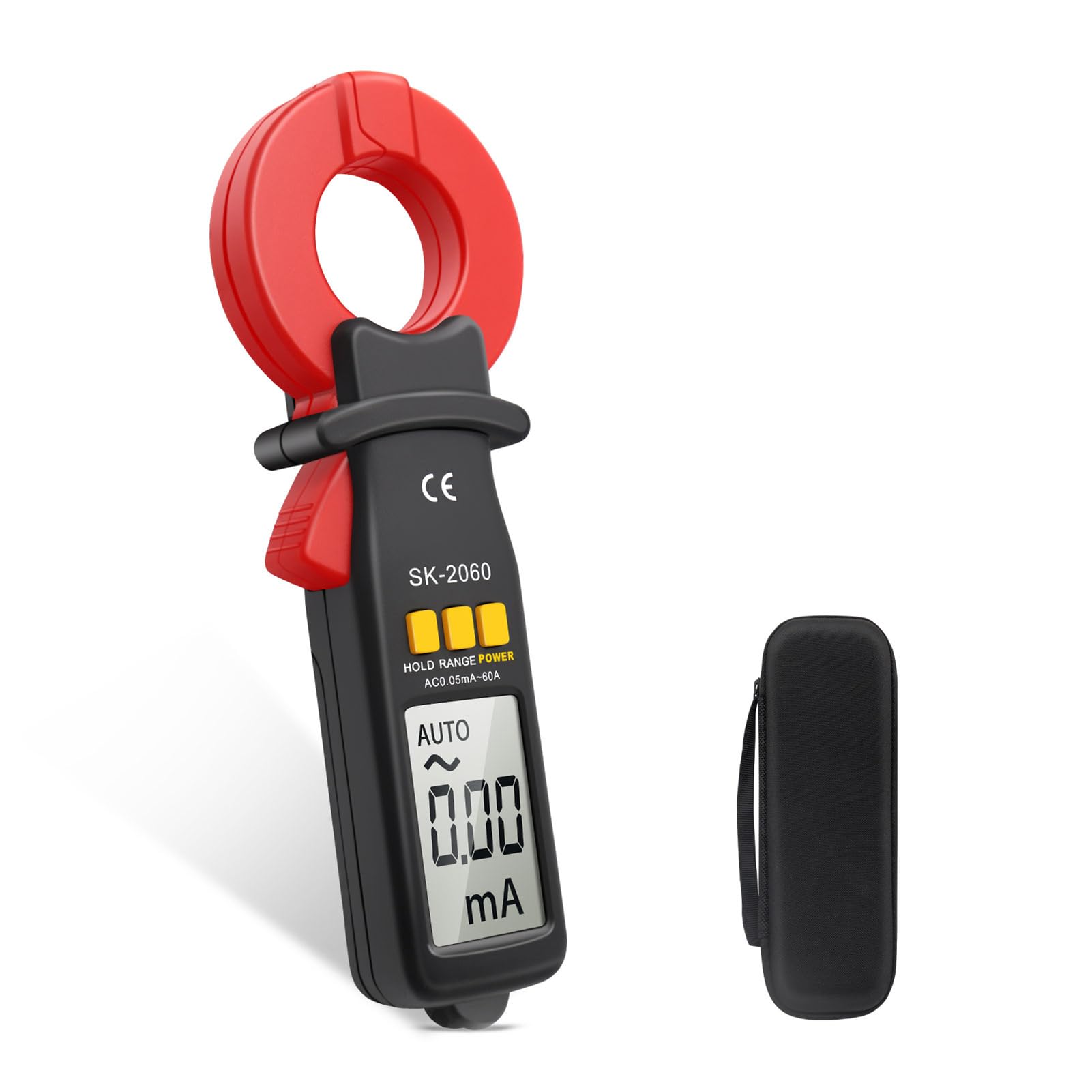 Probador de Corriente de Fuga, Pinza Amperimétrica Digital, Herramienta de Medición de Corriente CA CC de Rango 60 A para Electricistas, Rango Automático, Almacenamiento de Datos, Detección