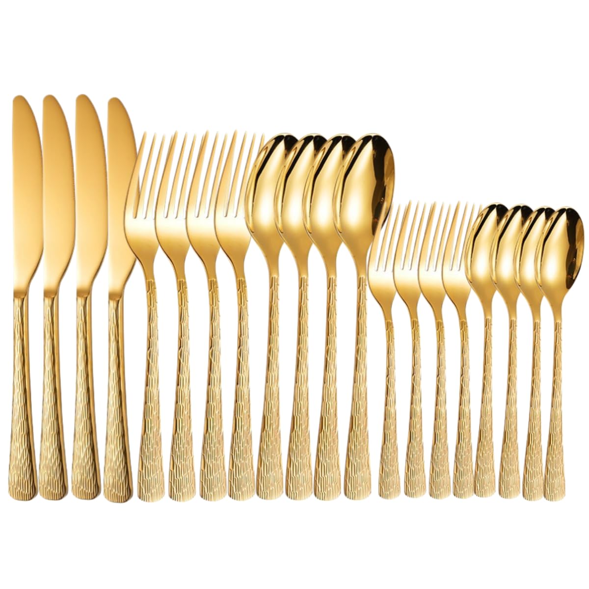 Posate Acciaio Inossidabile 410 Con Venature A Legno Oro 4 Set | Coltelli forchette e cucchiai riutilizzabili e rinforzati per uso domestico