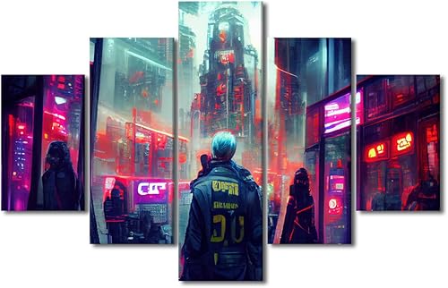 Miniatura 114 de Lienzo decorativo moderno para pared, pintura artística Cyberpunk, impresión de 5 paneles, decoración de lienzo para sala de estar para dormitorio