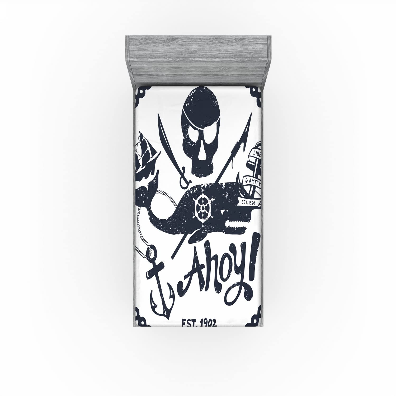 Ambesonne Vintage 2 Pack Fitted Sheet, Nautical Pirate Skull, Bed Cover All-Round Elastic Deep Pockets 2 Pieces, Package Contains 2 Twin XL Size Fitted Sheets, White Blue