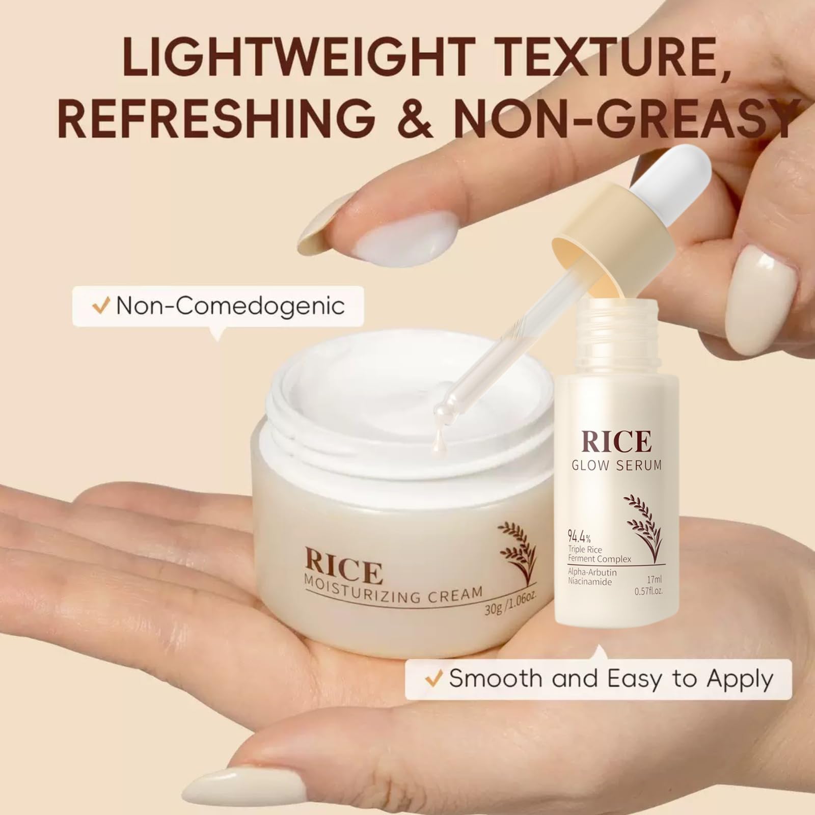 2PCS Korean Rice Skin Care Set,Korean Skincare,Brightening Serum & Hydrating Cream for Glowing Skin,Korean Glass Skin Care,Even Skin Tone - Image 3