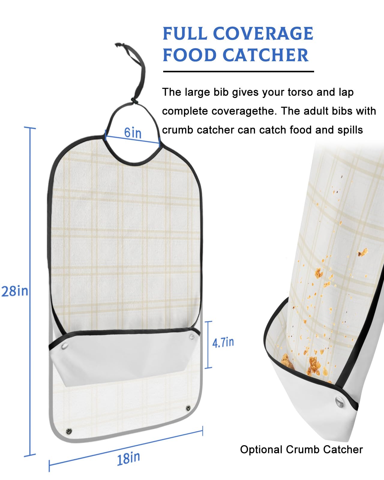 LEOKOTI Retro Farm Adult Bibs for Eating, Waterproof Bibs with Food Catcher & Adjustable Snap Closure, Yellow and White Buffalo Plaid Washable Clothing Protectors Adult Bibs for Elderly Women/Men