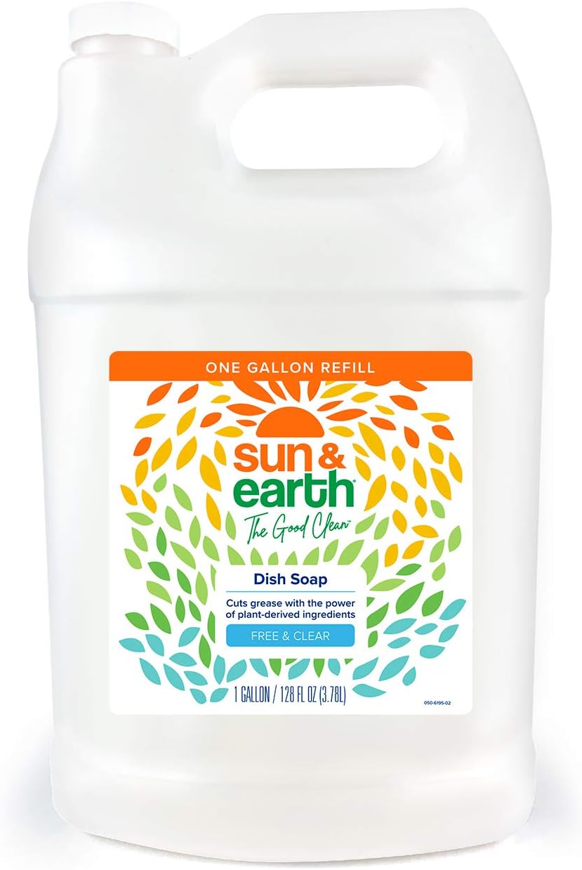 Concentrated Liquid Dish Soap by Sun & Earth, Plant-Based Ingredients, Unscented, 128 Fl Oz Bulk Size, Packaging May Vary