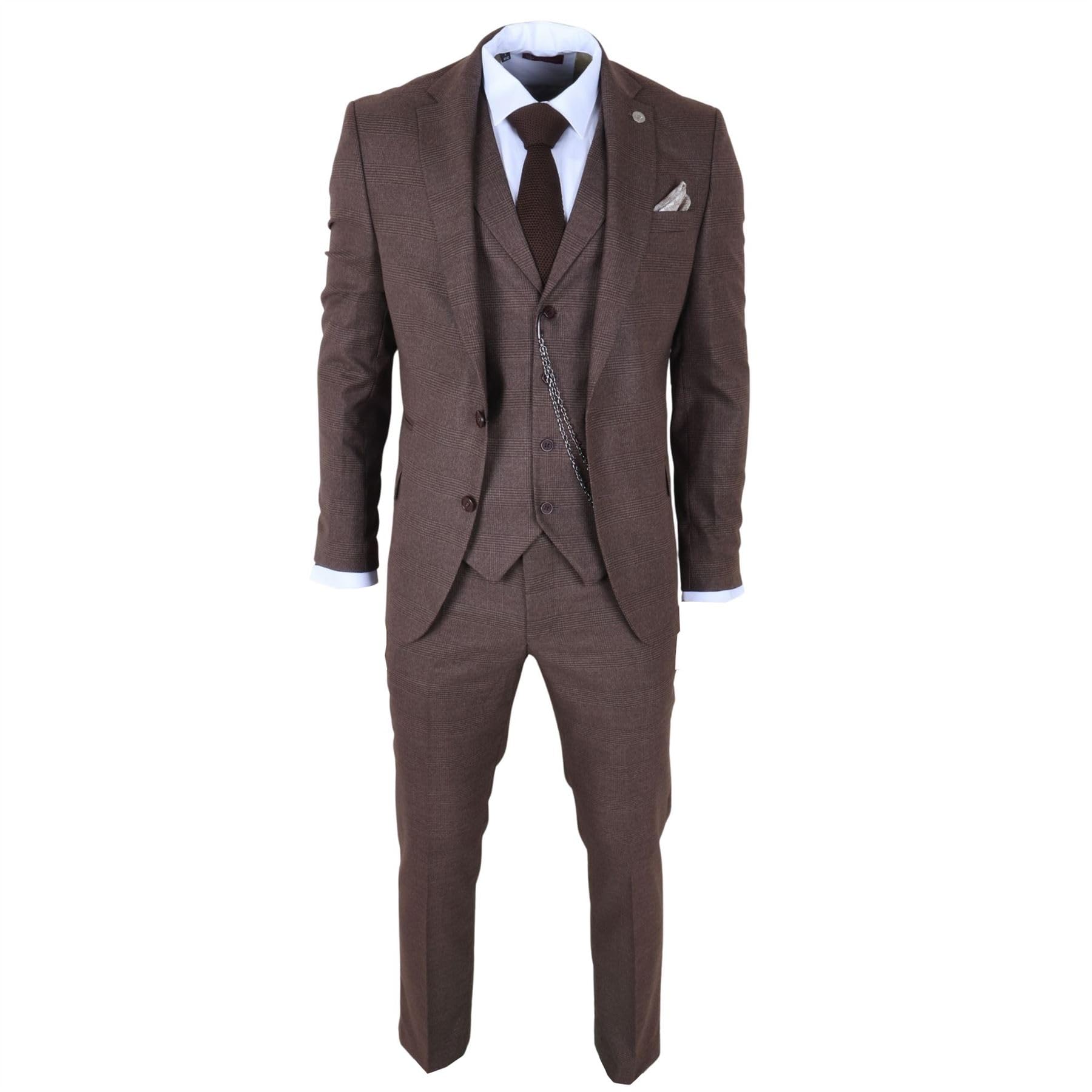 Truclothing Men's Brown 3 Piece Prince Of Wales Check Tailored Fit Suit - 42