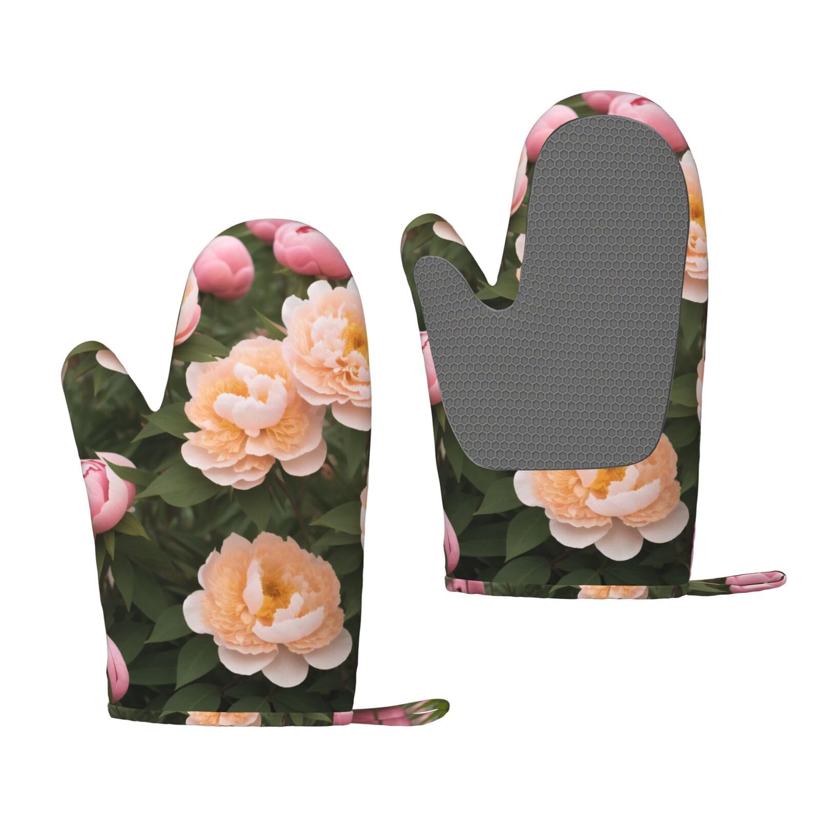 Peonies Print Oven Mitts Sets,Kitchen Glove, Silica Gel Surface Safe for Baking, Cooking, BBQ,Cooks Gifts,Pack of 2