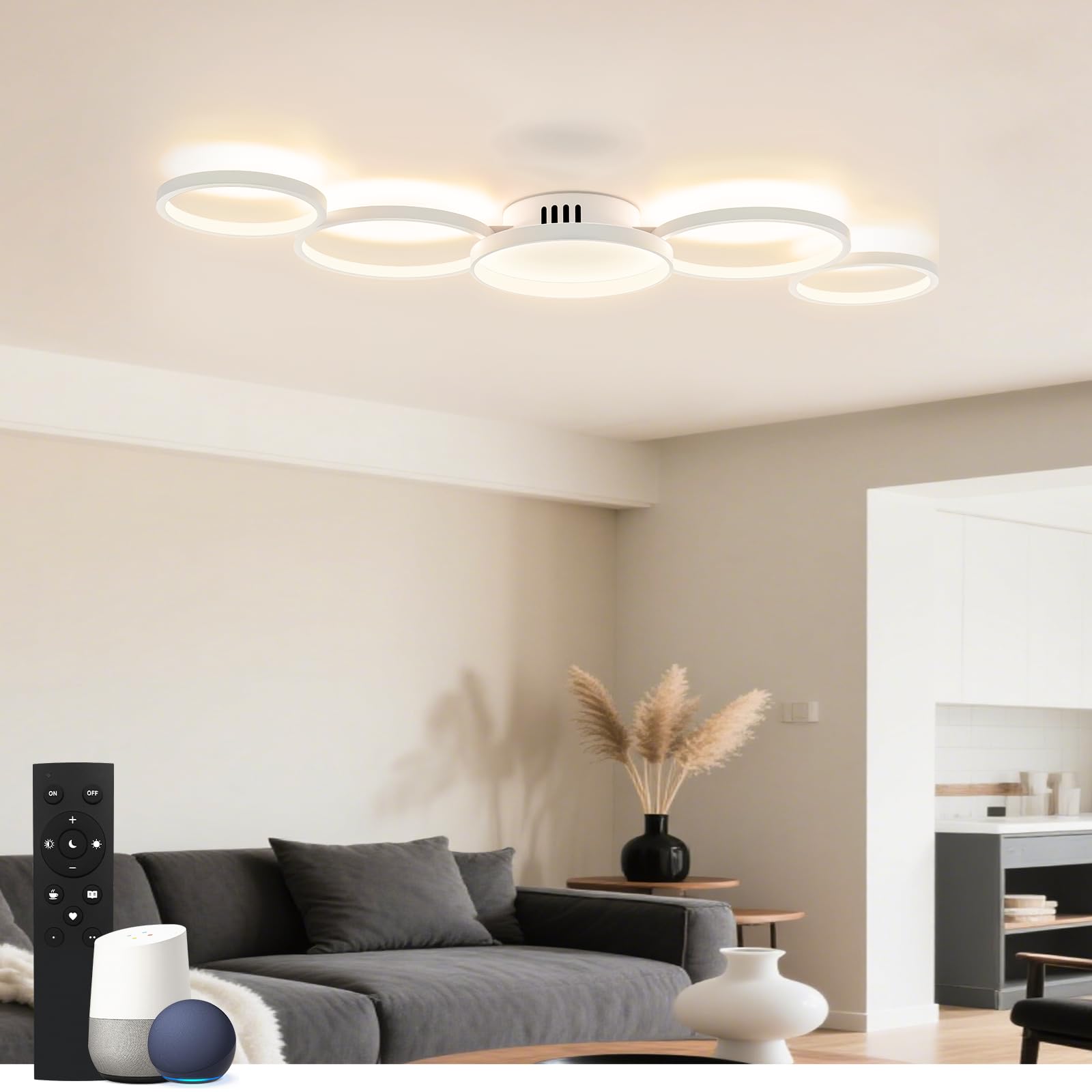 Sky angle Plafoniera LED con App Alexa e Google Home, Luminaria rotonda e dimmerabile - 50W 6000LM regolazione da 3000K a 6000K per soggiorno e camera da letto - 100 cm
