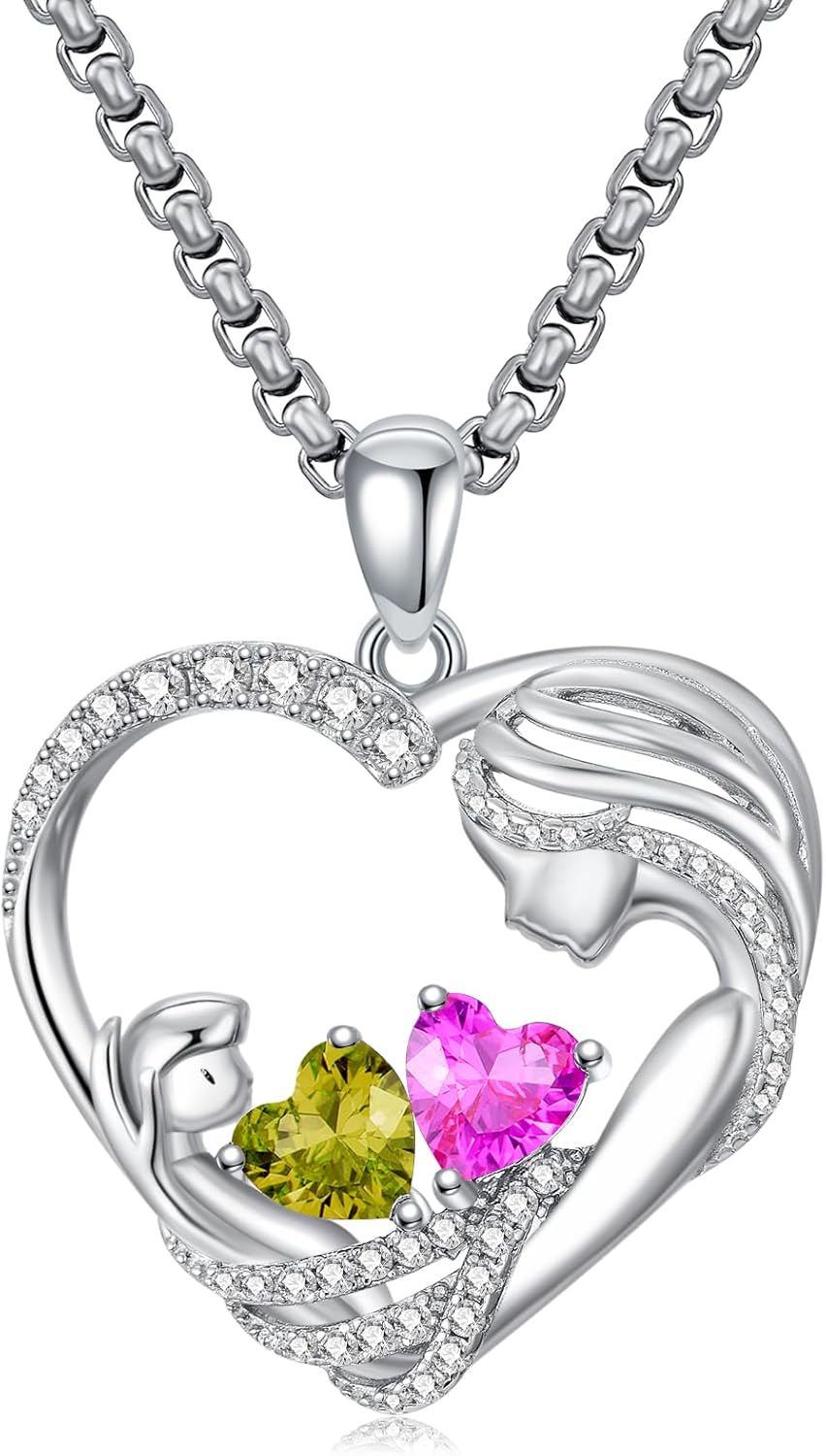 Mother and Daughter/Son Necklace with 2 Heart Birthstone, Forever Love Heart Jewelry Christmas Valentines Mothers Day Birthday Gifts for Women Grandma Mom From Daughter Son