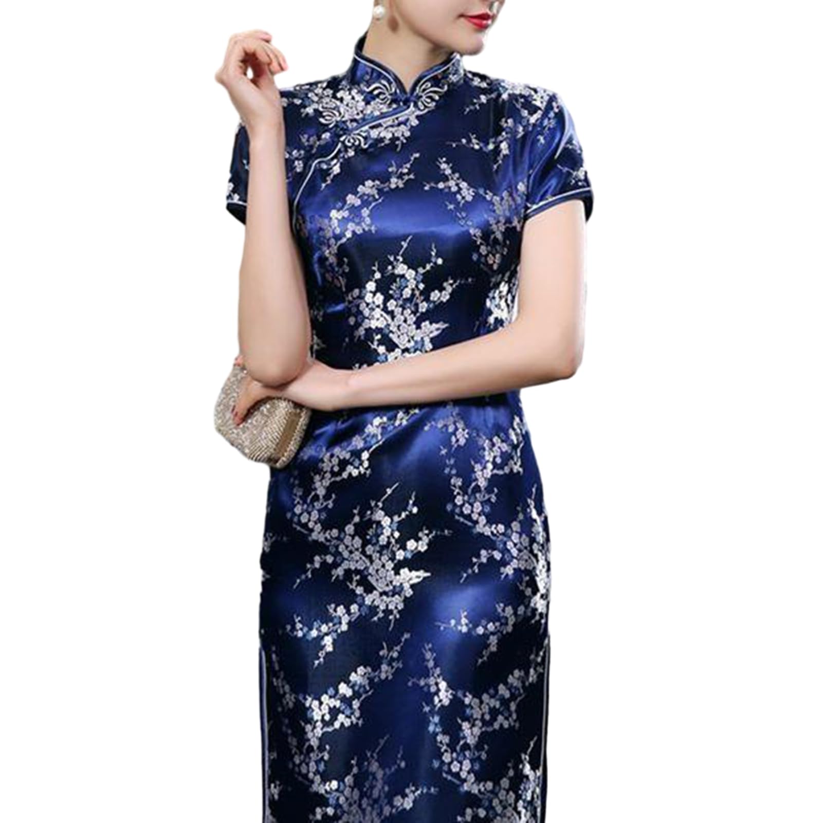 Altsuceser Vestido tradicional Qipao de manga corta Cheongsam con estampado floral para mujer, cuello mandarín, abertura lateral alta, botones de nudo chino