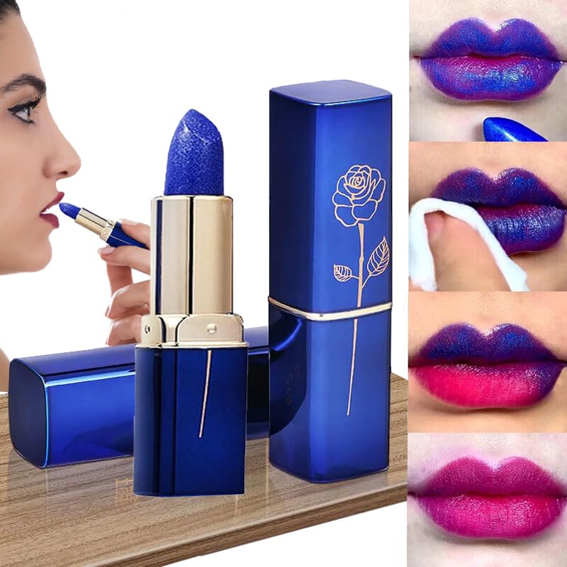 Magic Blue Glossy Lipstick, Temperature Color Changing Rose Lip Balm, Long Lasting Nutritious Non-Stick Cup Not Fade Lips Moisturizer for Women (Blue Changed Into Pink)
