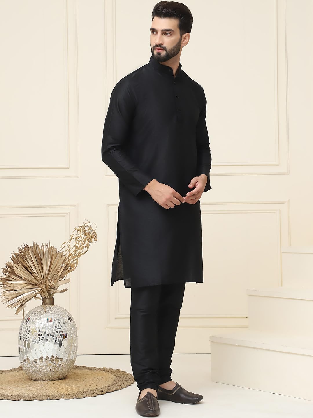 Sojanya (Since 1958 Men's Black Dupion Silk Kurta & Churidaar Pyjama