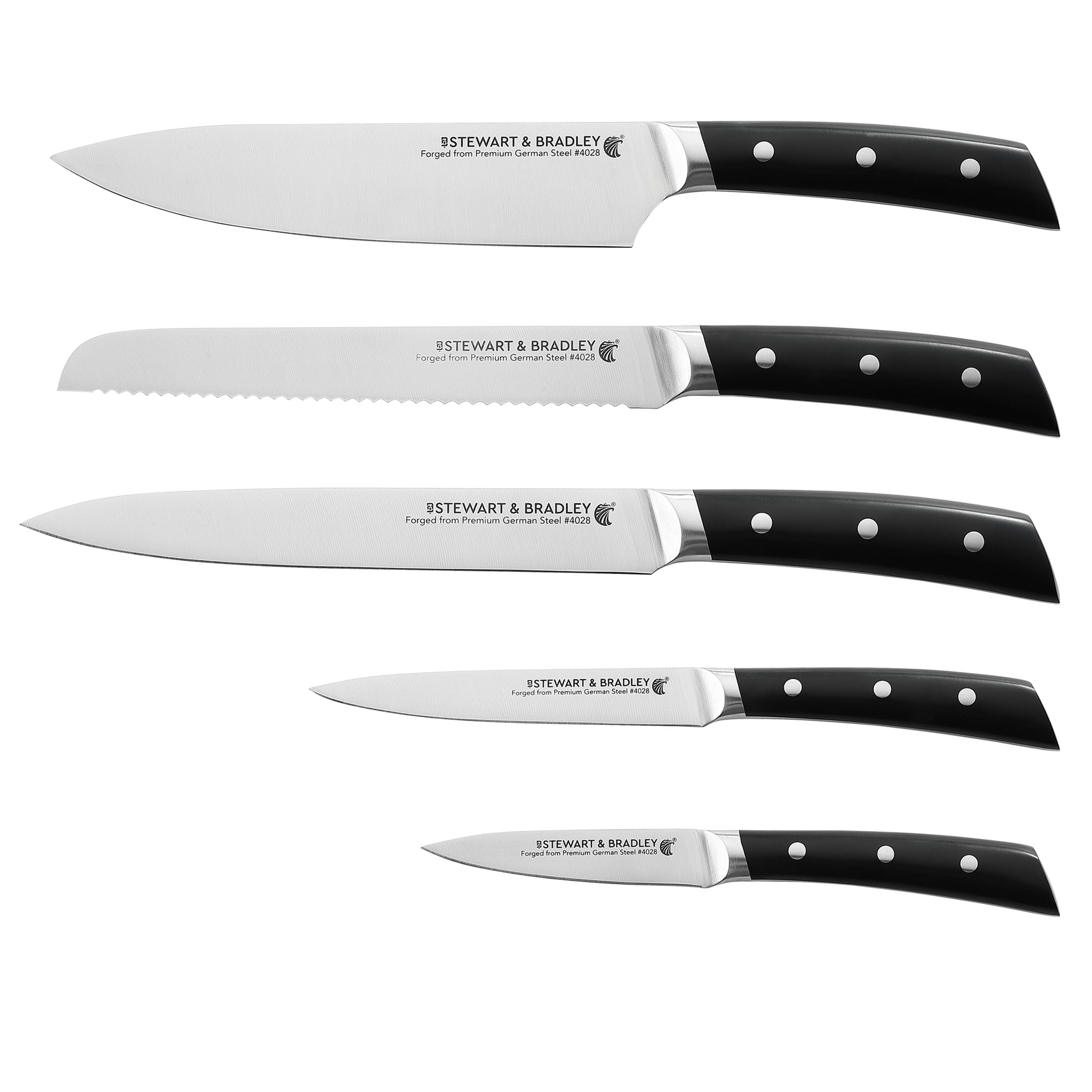 STEWART & BRADLEY 5-Piece Kitchen Knife Set – Full Tang German Steel Knives for Home and Professional Kitchens – Ultra-Sharp Chef, Bread, Carving, Utility & Paring Knives with Ergonomic Handles
