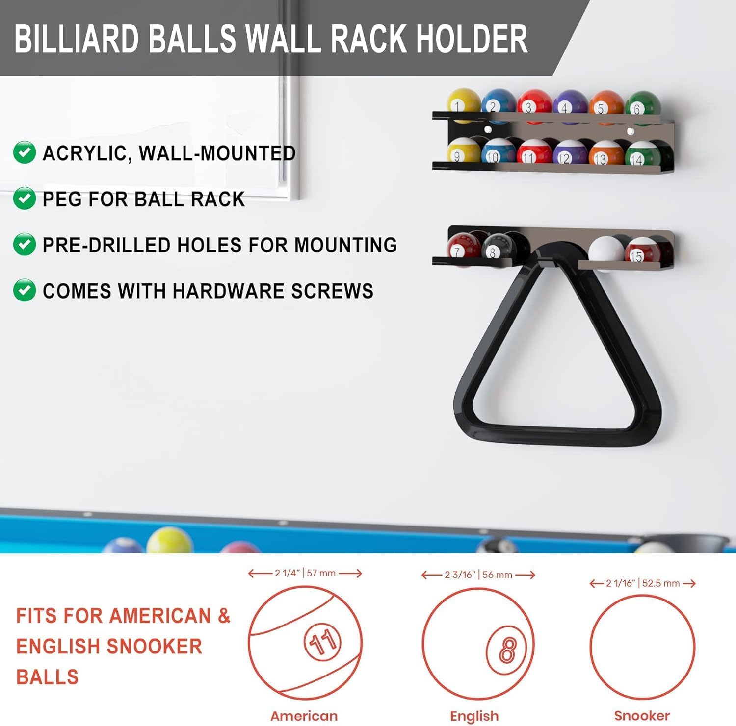 CRAFTIQ Acrylic Billiard Ball Storage Shelf Holder - Pool Balls Display Rack Wall Mount Organizer for 16 Balls & Ball Rack in Billiard Game Room & Bar Pool Cue Accessory (Solid Black) 3