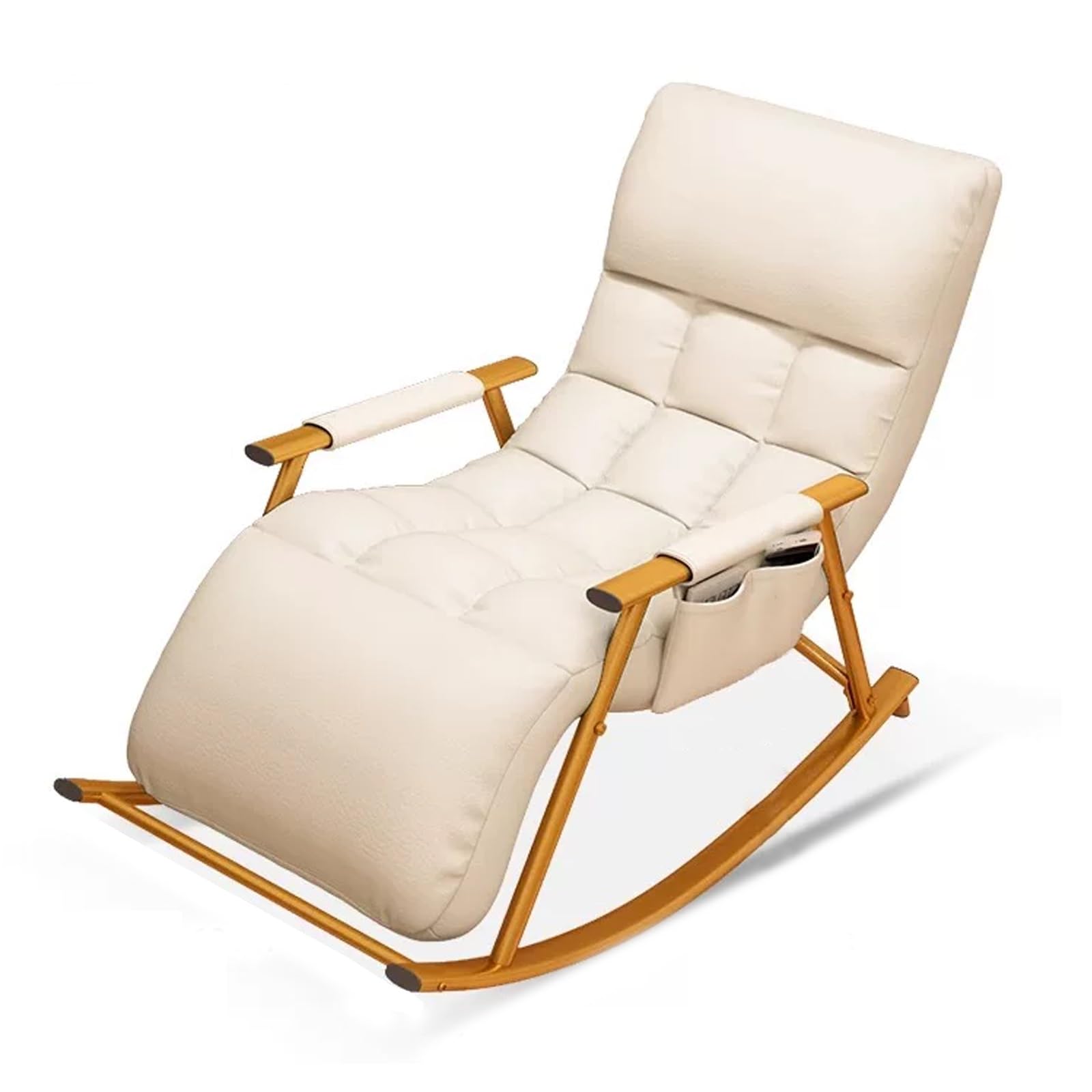 GTHTUHFD Rocking Chair With Adjustable High Backrest And Footrest, Comfortable Upholstered Rocker With Side Pockets, Leisure Recliner For Living Room, Bedroom, Balcony,Beige-Gold frame