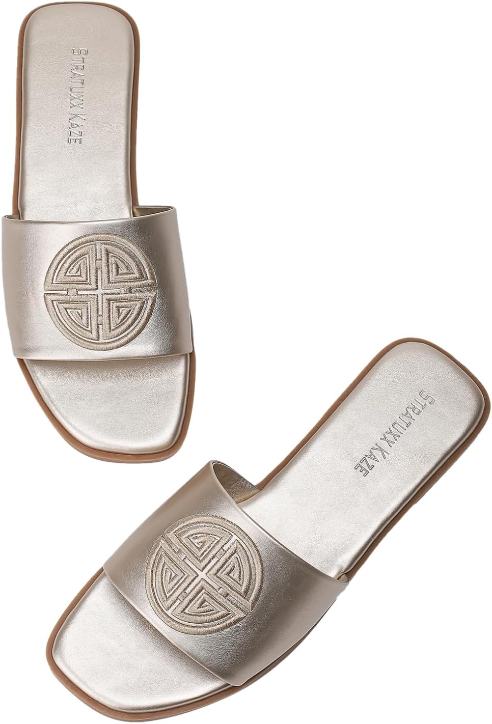 Stratuxx Kaze Womens Flat Sandals Dressy Summer Slide with Memory Foam Comfortable Cute Leather Black Sandals for Women