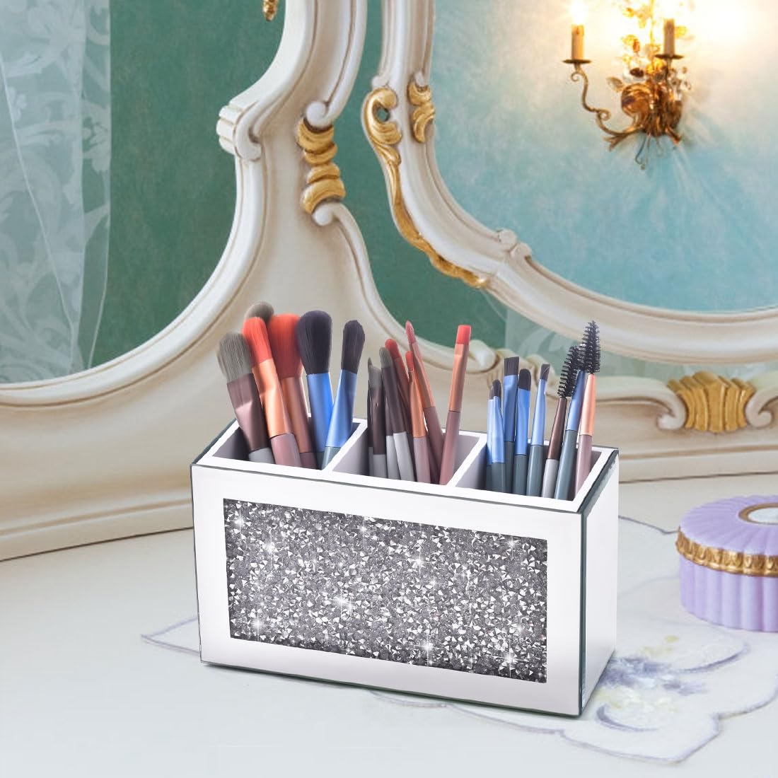 Make-up Pinselhalter 3 Fächer Spiegel Glas Organizer Kosmetik Aufbewahrung Silber für Schminktisch