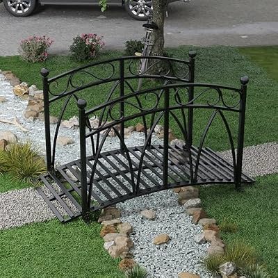Kinfant Metal Garden Bridge – Heightened Patio Outdoor Bridge with Safety Guardrails, Decorative Landscaping Iron Footbridge for Backyard Creek Lawn Stream, Black