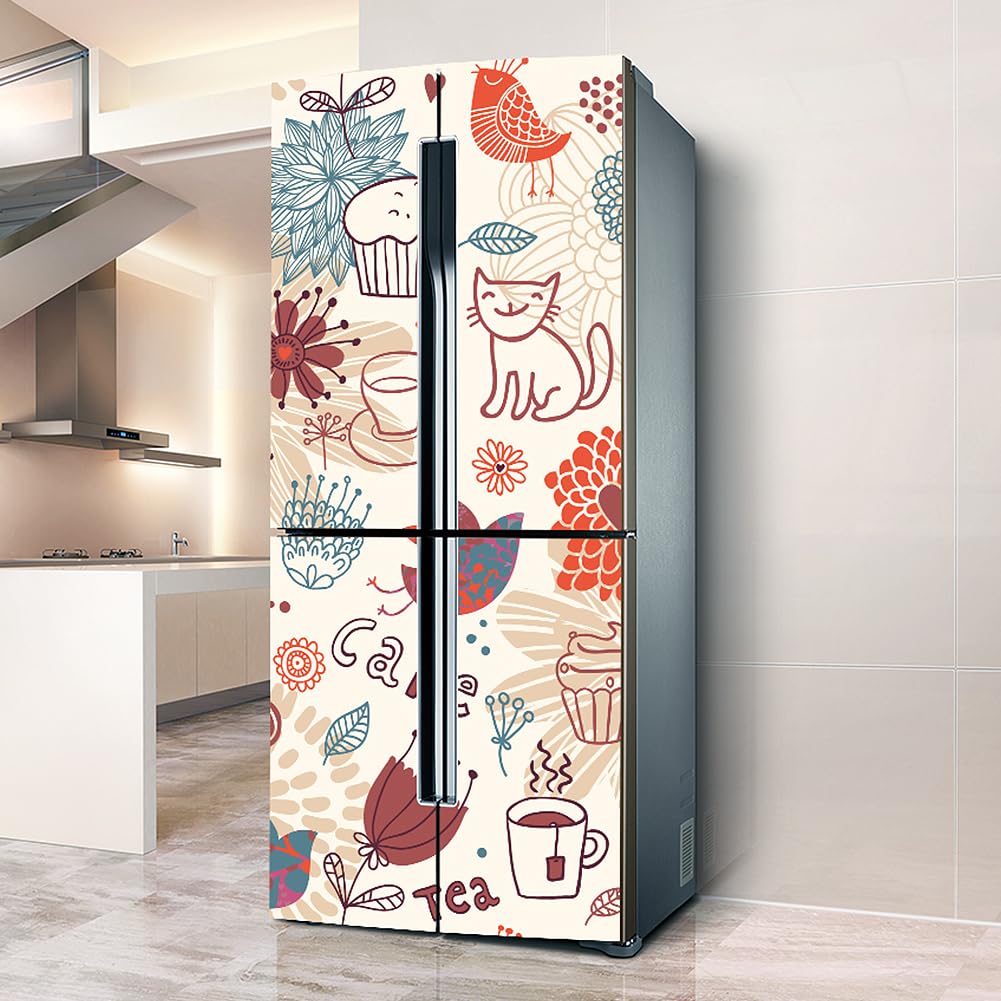 Fridge Stickers, Fridge Sticker Full Covering Door Covers Skins Wall Stickers for Kitchen Decal, Cake Coffee cat and Bird(L: 100x180 cm)