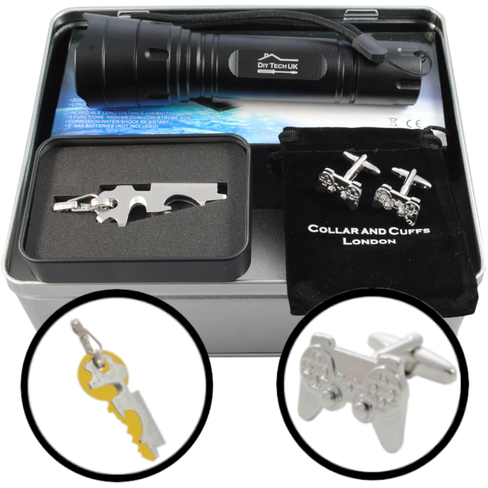 DIY TECH UK - Gifts for Men - Unique Gift Pack with Torch, Multitool and Cufflinks - Fathers Day Gift - Birthday Gifts for Him - Gifts for Him Who Has Everything - Gifts for Men Camping - in Gift Tin