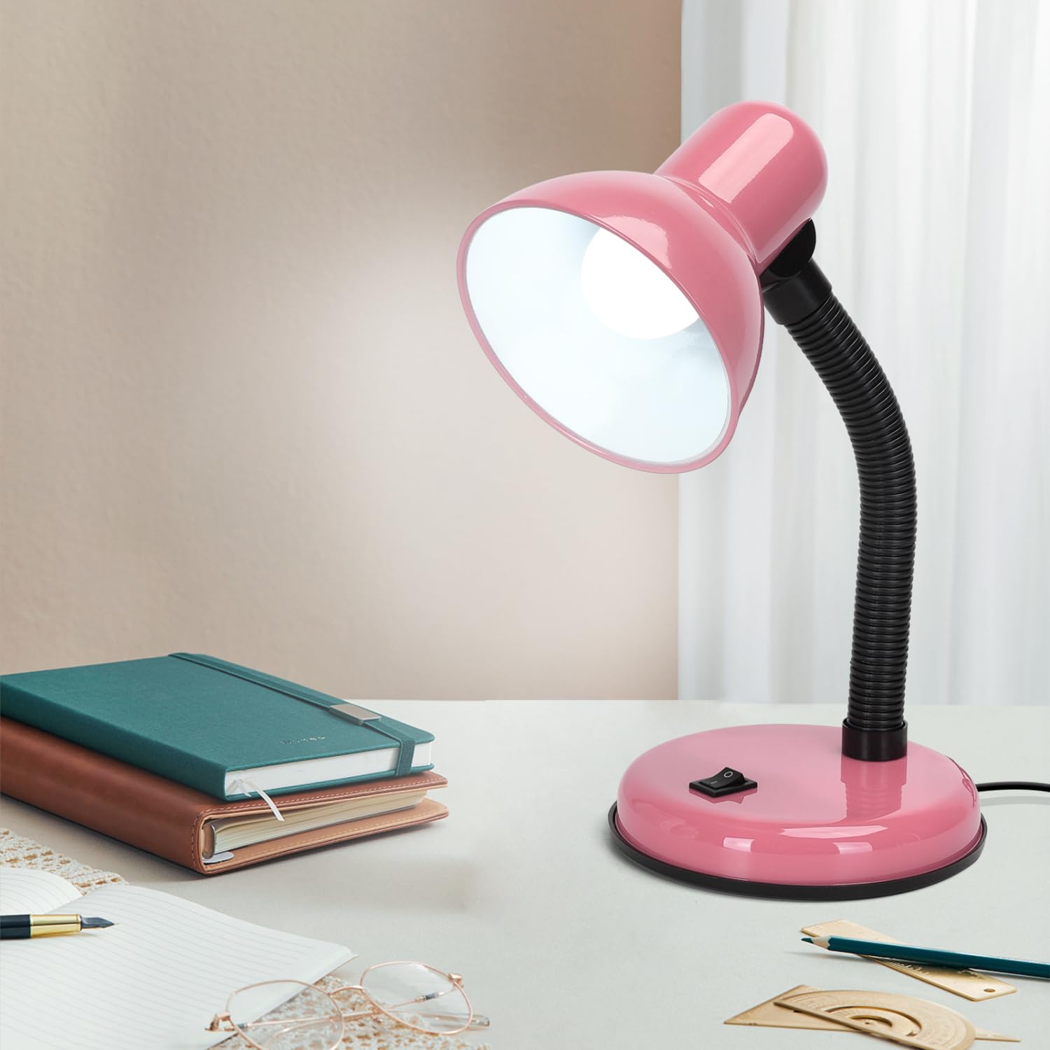 Aigostar Lámpara Escritorio Retro，Flexo LED Escritorio Vintage Estudio，6500K Luz Blanca Lámpara de mesa Compatible con Led Bombillas Modelo E27, Lampara Lectura, Rosa