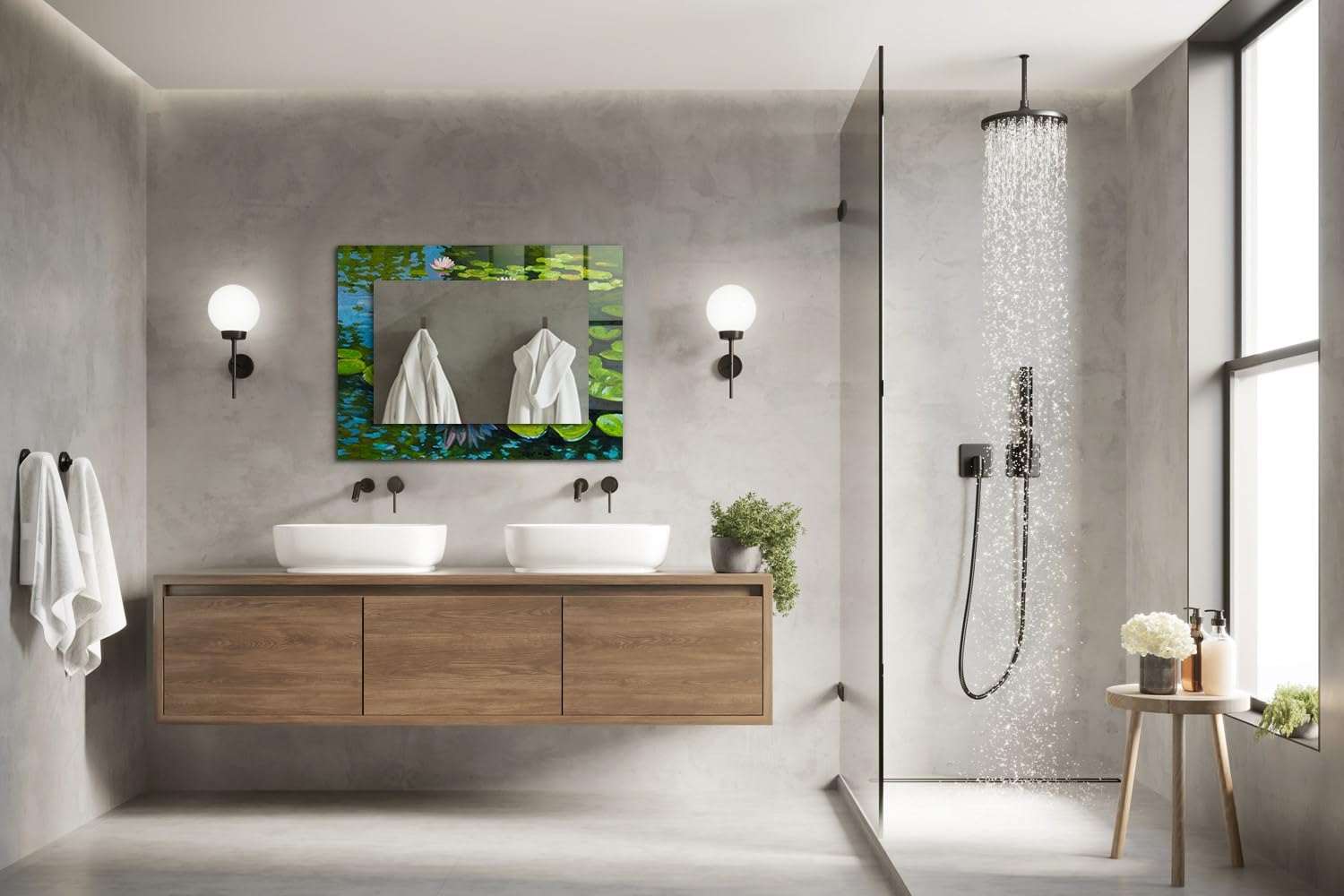 Lustro ścienne prostokątne 80 x 60 cm (31,5 cala x 23,6 cala) | szklana rama z nadrukiem nadaje się do nowoczesnych wnętrz - staw z liliami wodnymi