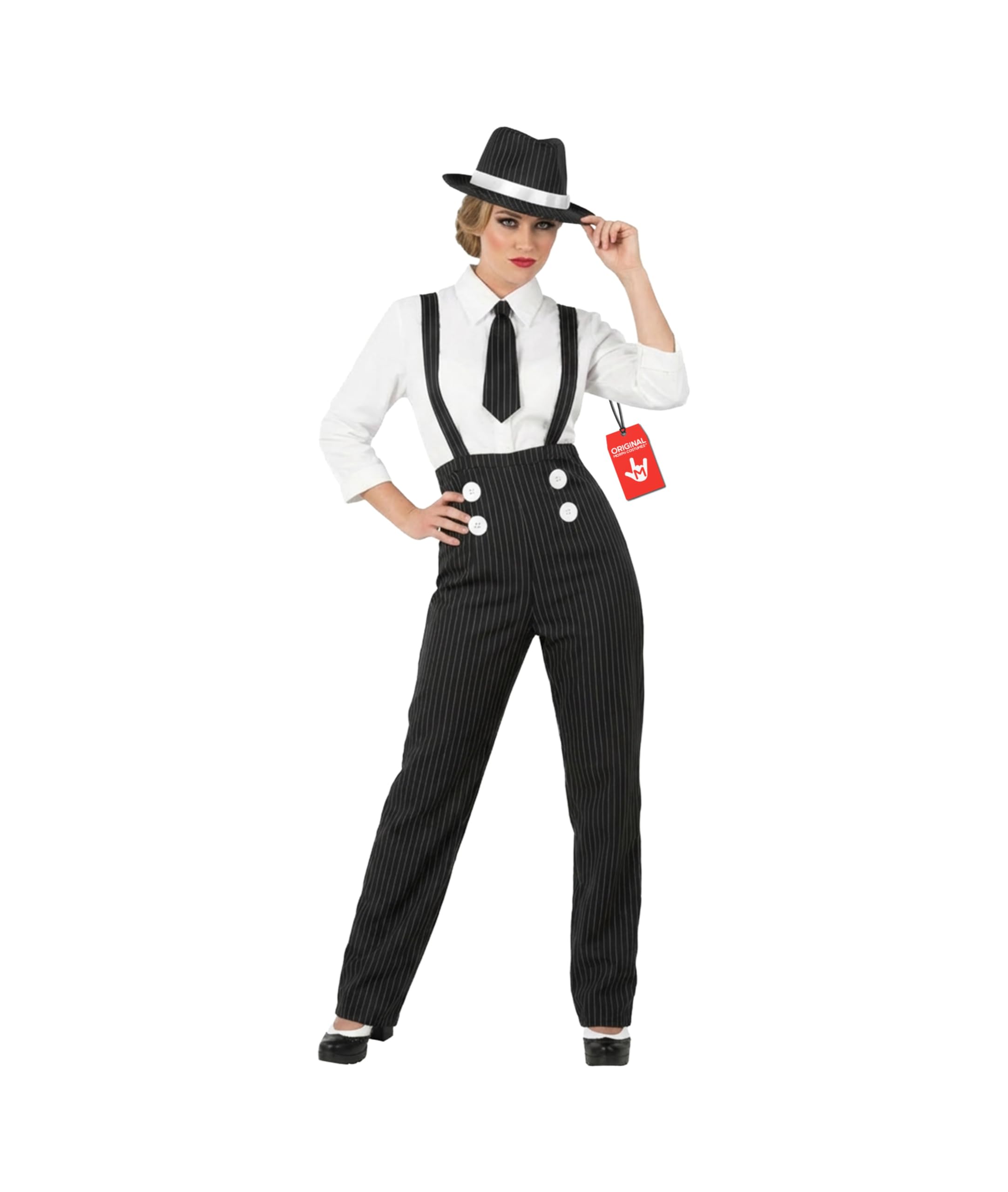 Fun Shack Deguisement Gangster Femme, Costume Annees 30 Halloween | Haut Ajusté, Pantalon Rayé & Chapeau Melon, Style Années Folles, Parfait pour Halloween, Idéal pour se Déguiser