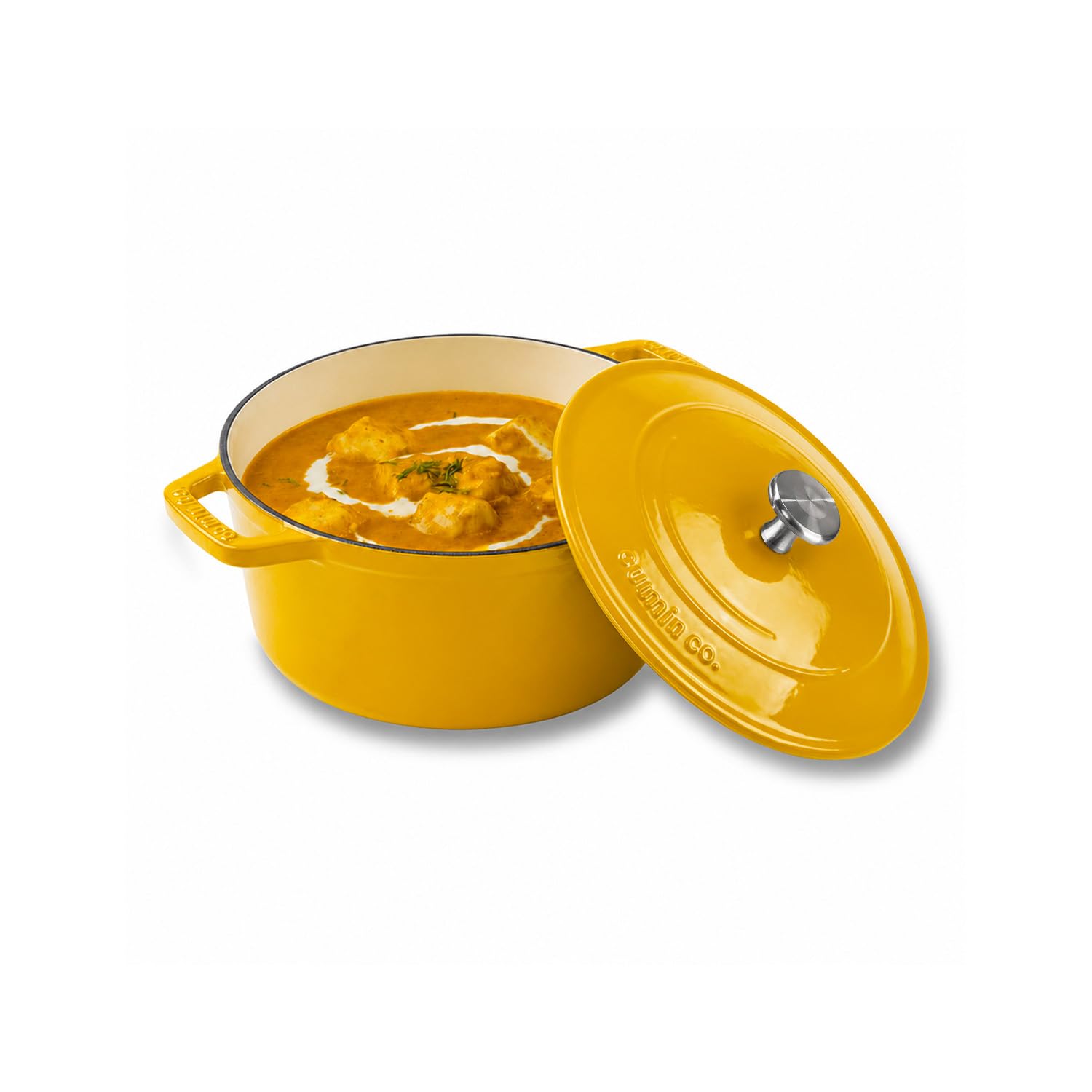 CUMIN CO. Enamel Cast Iron Dutch Oven 1.2L, 16 cm| 10 Years Warranty | Non Toxic Non Stick Biryani Pot with Lid | Heavy Bottom | Induction & Gas Compatible | Chemical Free Coating | Mustard