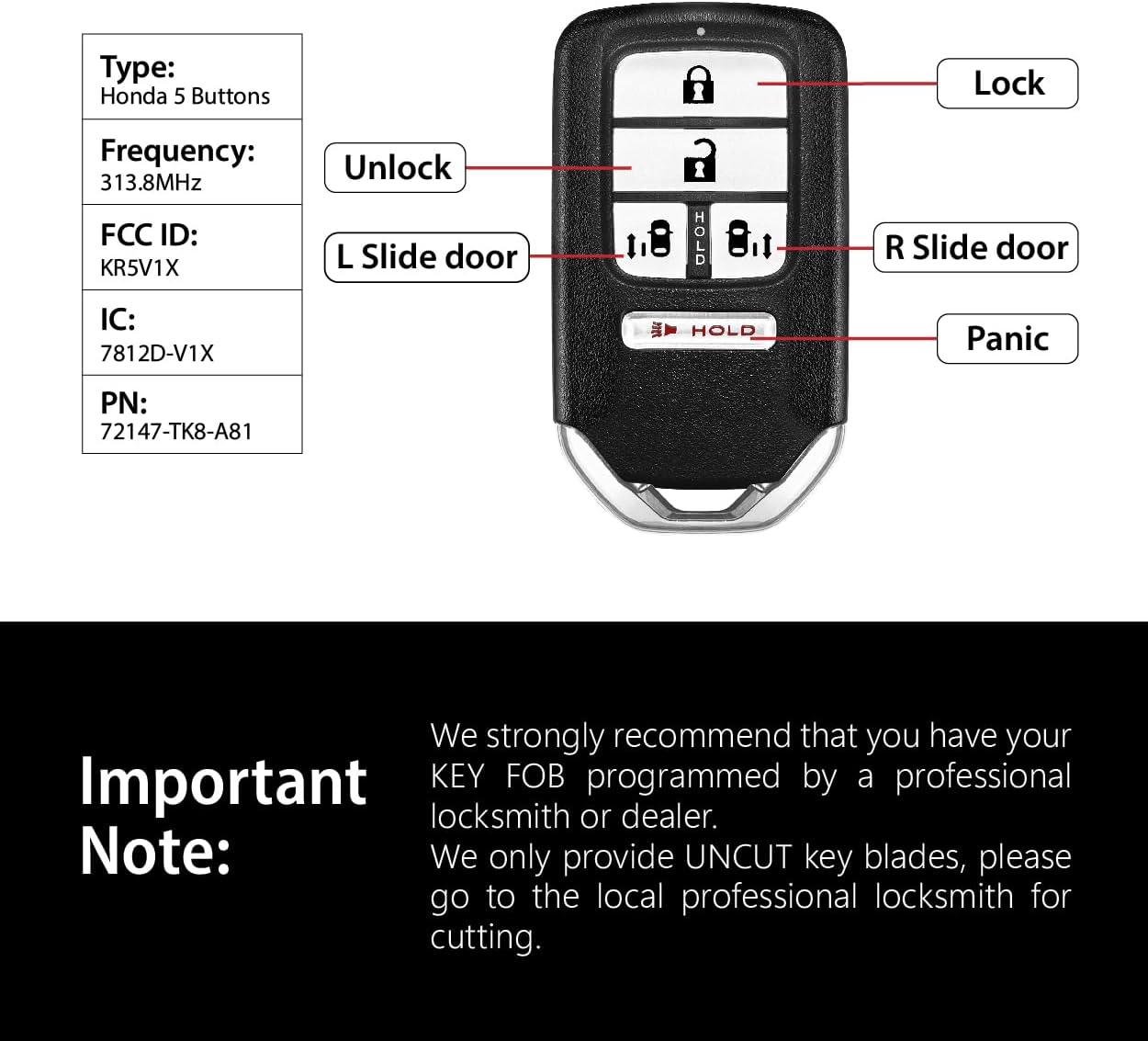 Car Key Fob Remote Keyless Entry Control KR5V1X 313.8MHz 5 Button Replacement for 2014-2017 Honda Odyssey EX SE