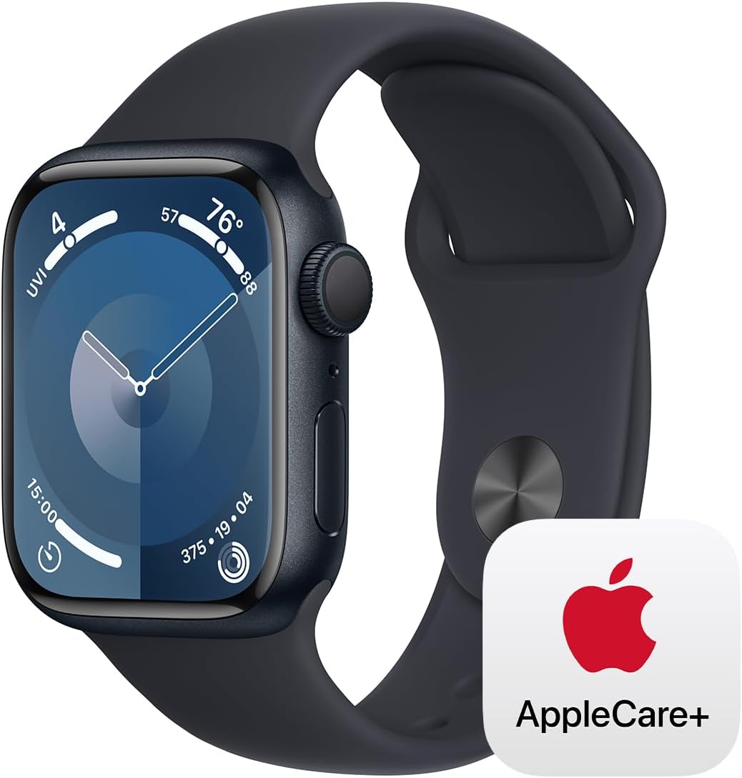 Apple Watch Series 9 [GPS 41mm] Smartwatch with Midnight Aluminum Case with Midnight Sport Band M/L, Water Resistant with AppleCare+ (2 Years)