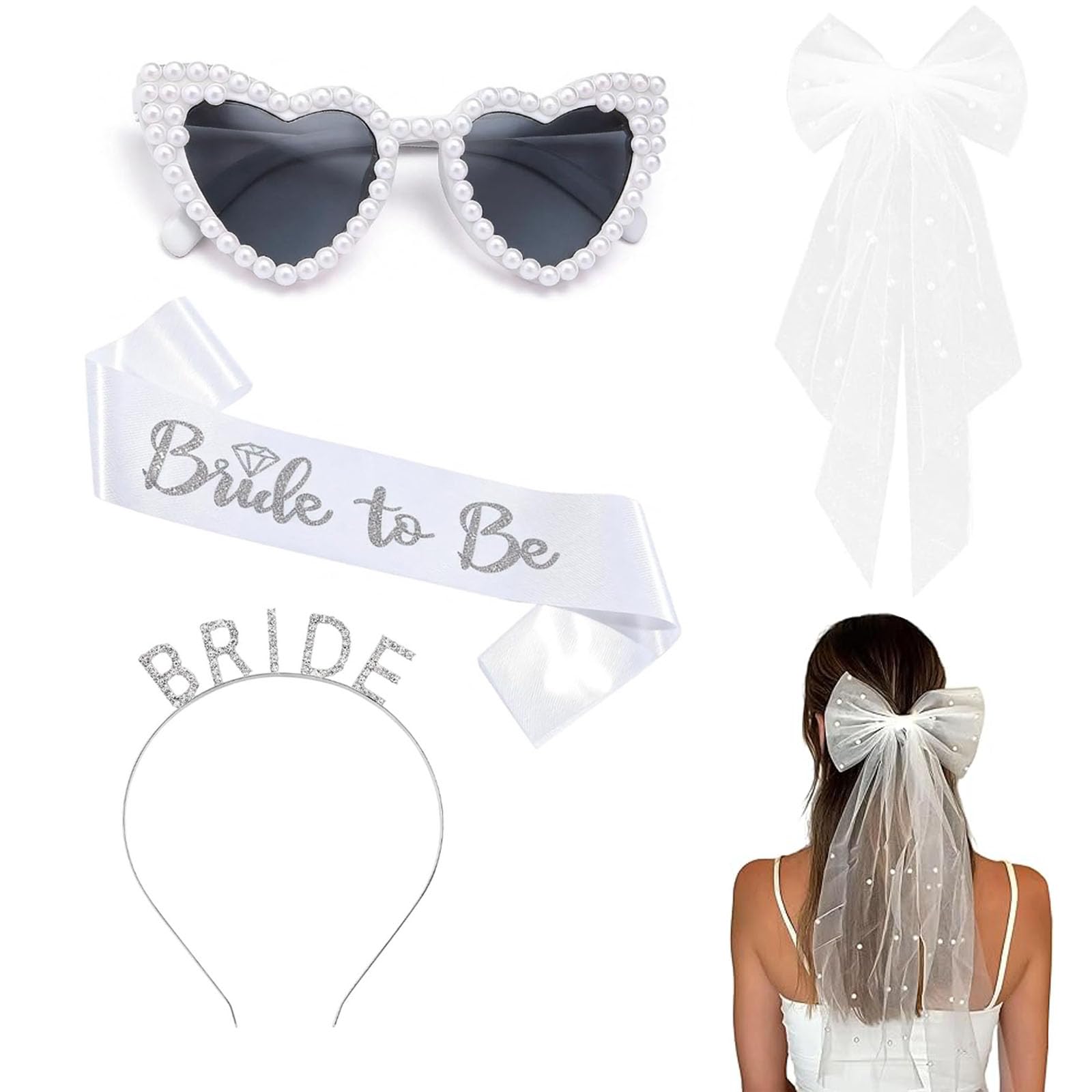 Bride to Be Sash and Accessories Set, Complete Bridal Party Kit with Heart Sunglasses and Bow Veil, Ideal for Bachelorette Celebrations and Wedding Photo Props, Includes One Sash One Headband One Veil