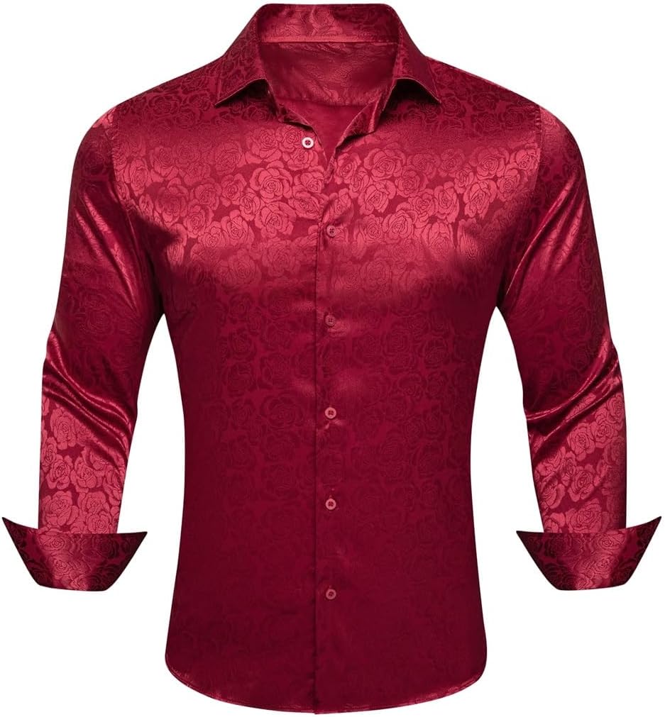 Silk Long Sleeve Burgundy Red Flower Slim Fit Male Blouese Casual Tops Formal